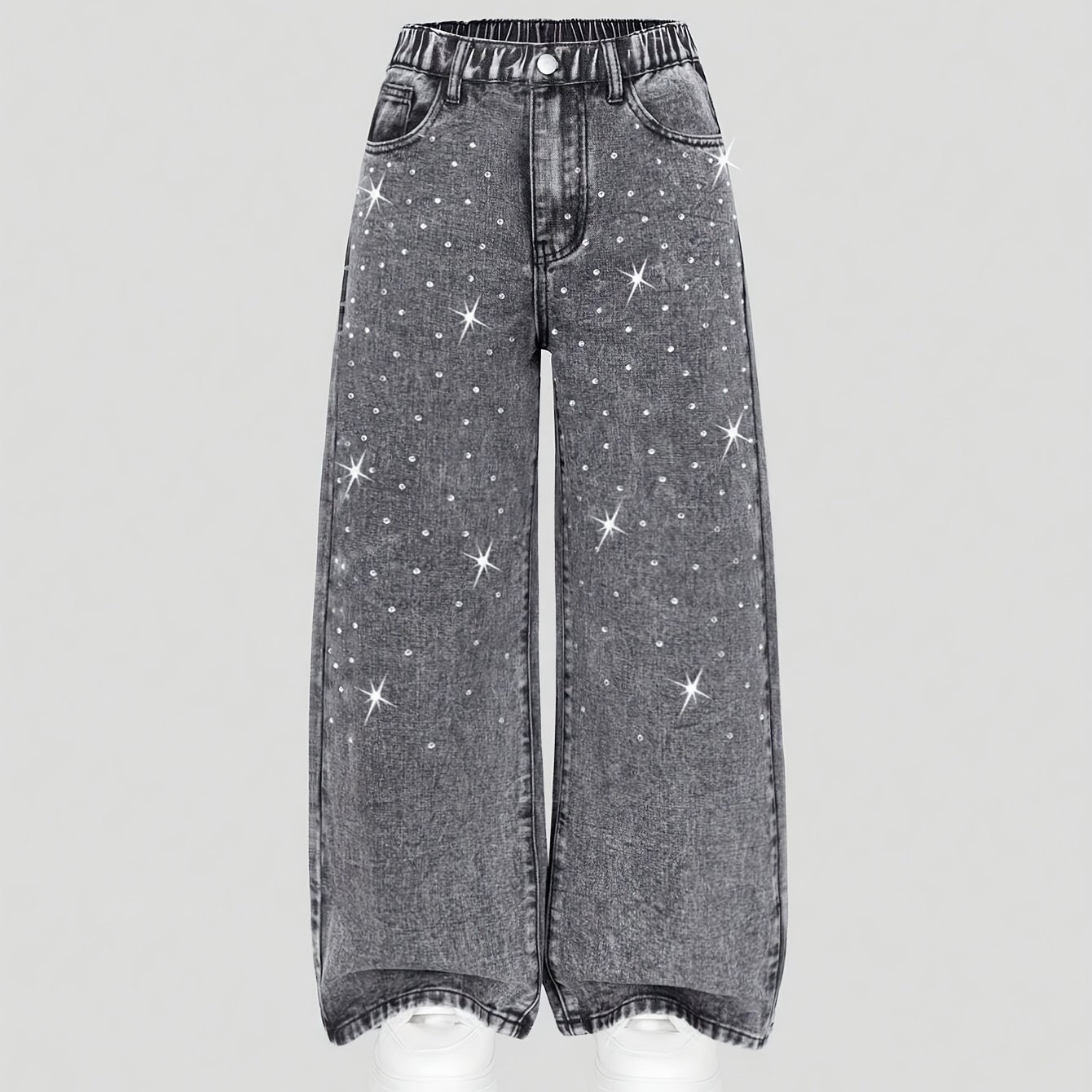 Y2k Retro Washed Black And Gray Denim | Combining Distressed Design With Star Diamond Embellishments | Trendy And Cool Individual Street-style Long Pants & Showcasing A Free And Easy Style