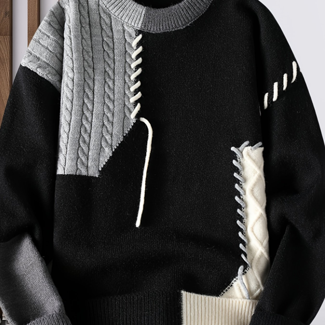 TEMU Men's Korean Style Round Neck Sweater, Youth Fashion Cable Knit Thick Warm Pullover, Fall Winter New Contrast Casual Base Layer 668