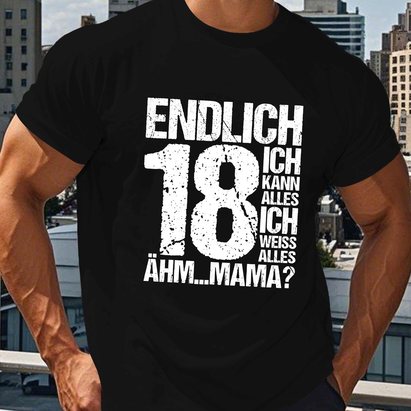 Image of Men's 18th Birthday German-themed T-shirt - 18 Text Print Round Neck Casual Summer Top For 18-year- & Men, Coming-of-age Gift, Machine Washable Comfortable Wearable Number For Parties/casual Outfits