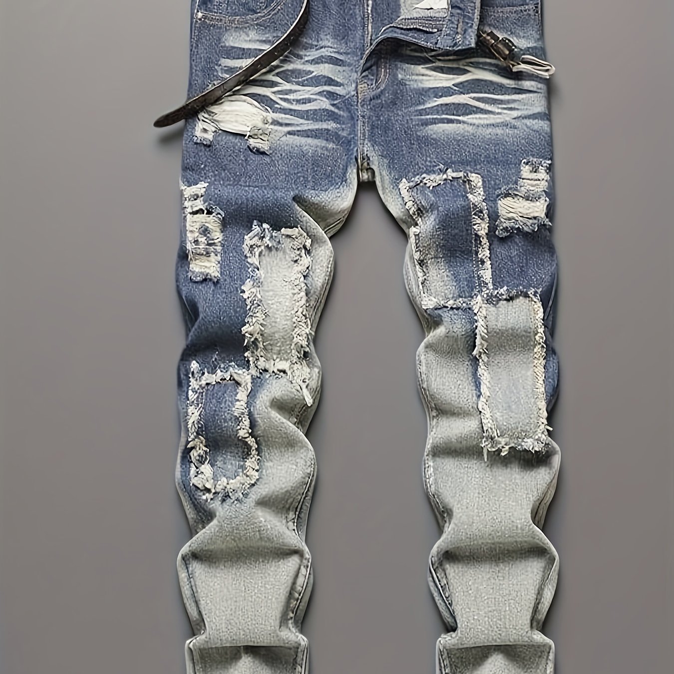 TEMU Men's Blue Non-stretch Jeans With A Casual Straight Leg And Distressed Holes