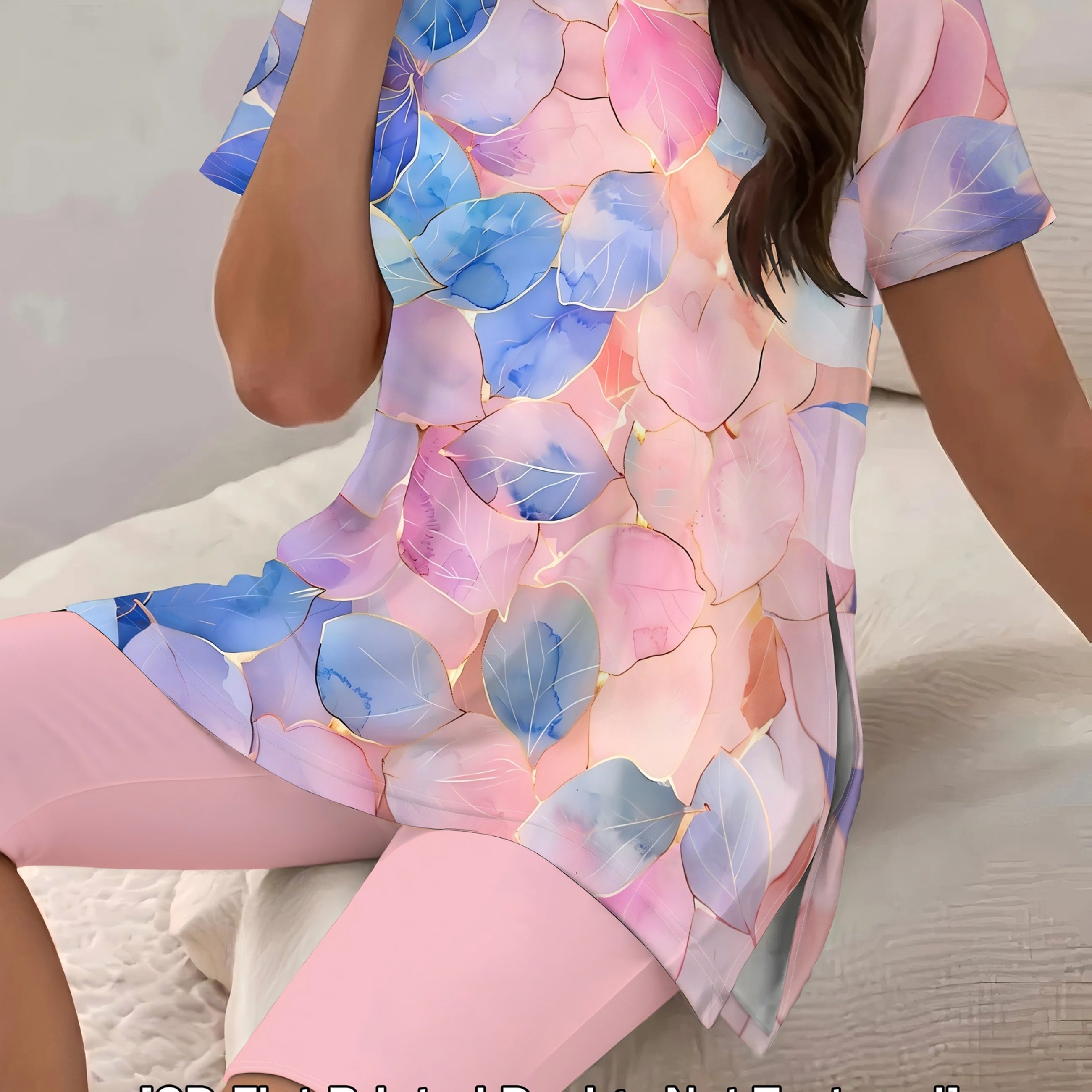 TEMU -size Women's Round-neck Side-slit T-shirt Features A Pink And Print Pattern With Golden Edges. An Elegant And Fresh Outfit For Plus-size Women