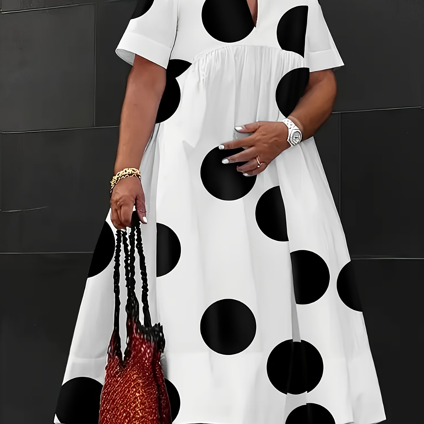 E-shop Damen V-Ausschnitt Kleid mit Richtungspunkten und Polka-Dot-Print, lässig