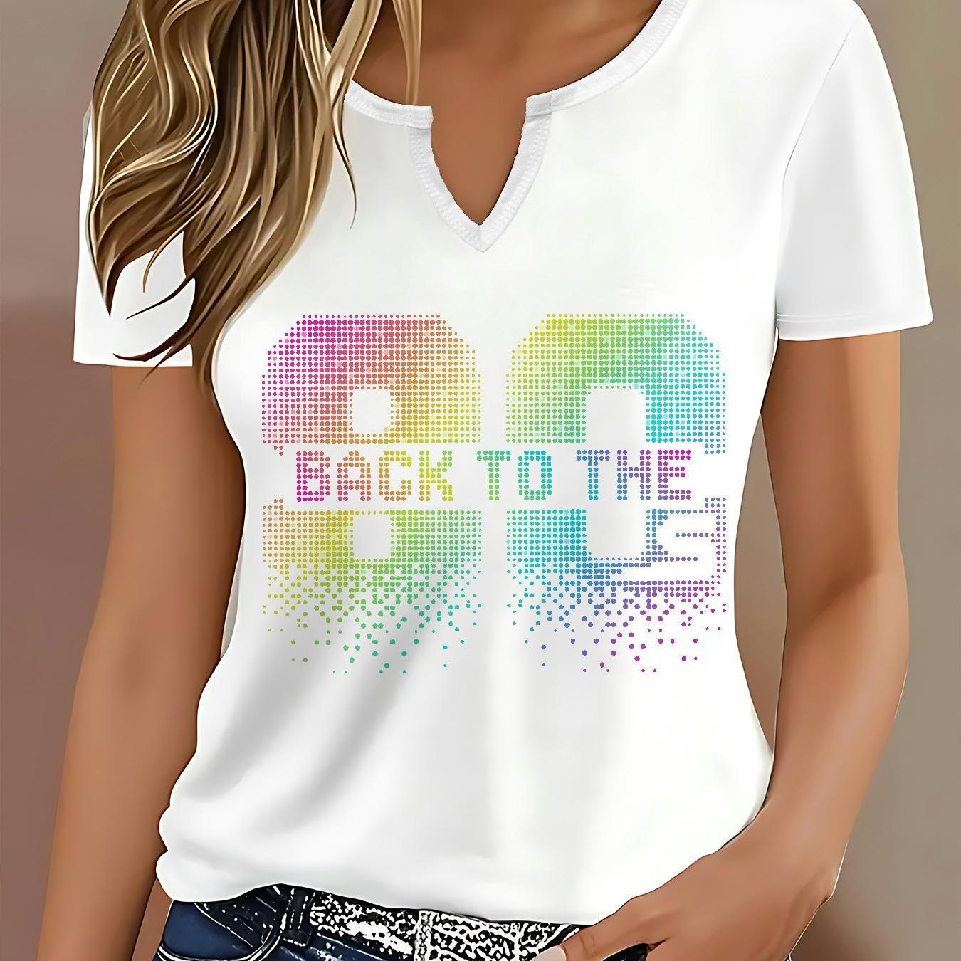TEMU Compact V-neck Tee, Trendy English Letter Design, Flexible & Easy To Pair