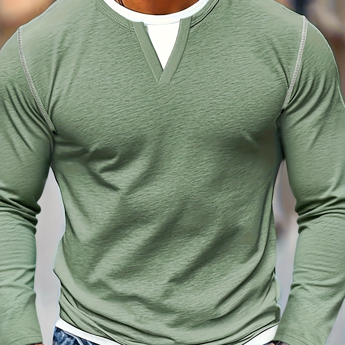Image of Men's Fashion , Fall Winter Casual Contrast Round Neck Long Sleeve Men's Henley Shirt