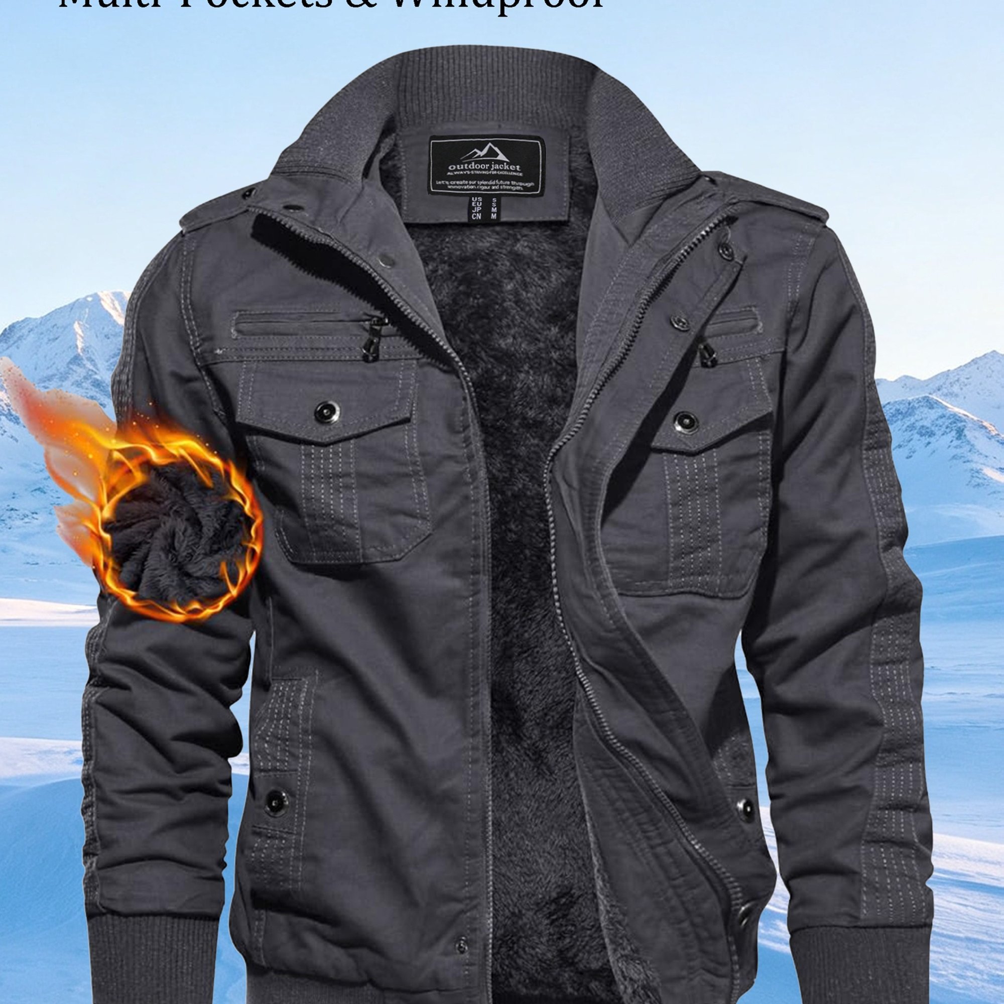 Image of Men's Winter Casual Jacket Fabric Thick Stiff Retro Style Muscle Texture Hooded Fleece Lined Multi-pockets Ribbed Cuffs Hem Warm Outdoor Hiking Running Training Fitness Daily Outing Jacket