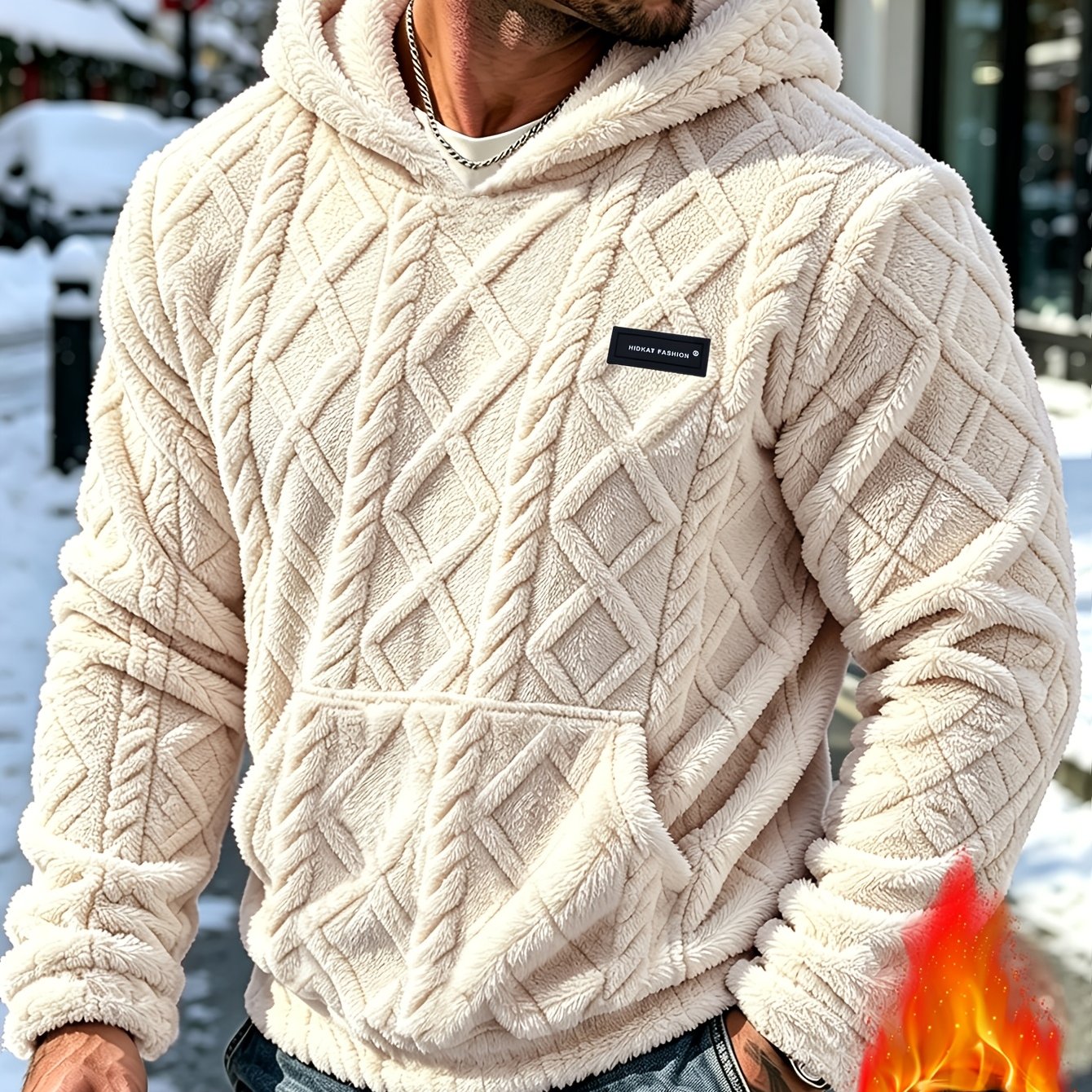 TEMU Sweat à capuche chaud doublé décontracté d'hiver pour homme, pull avec grande poche, texture torsadée, coupe , convient pour les , les vacances,