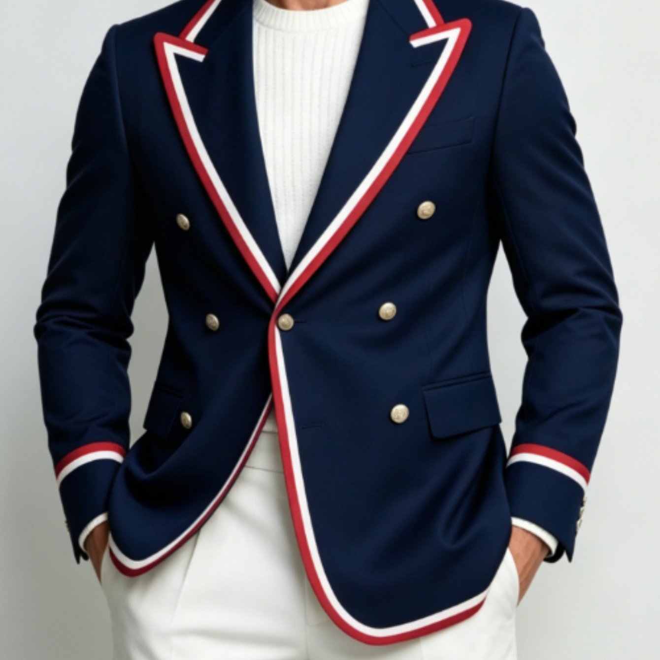 Image of Plus Size Men's College Navy Jacket, Red And White Border Double Breasted Fashionable Casual Party Formal Suit Jacket, Suitable For Weddings And Formal Occasions