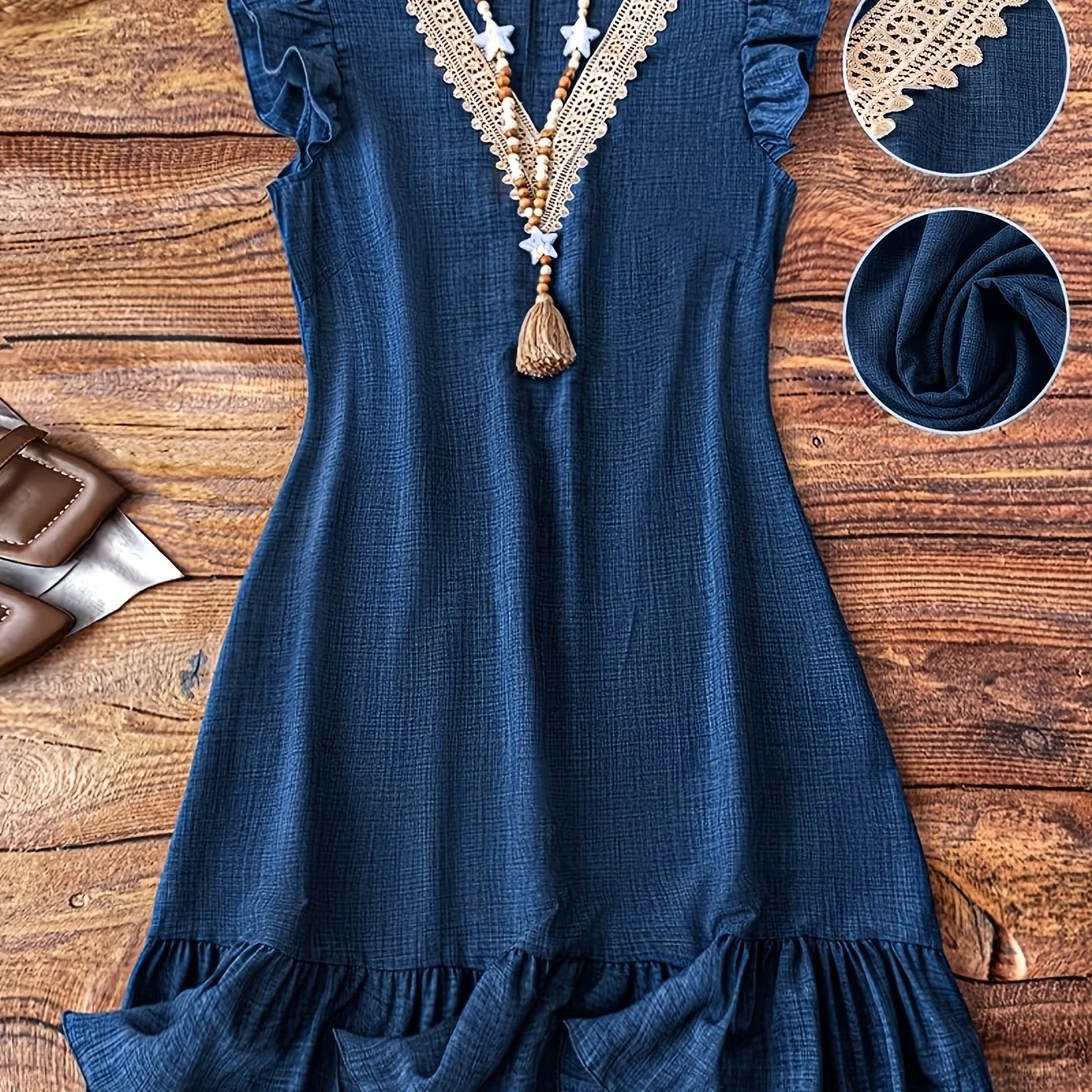TEMU Vestido elegante de encaje con cuello de pico para mujer