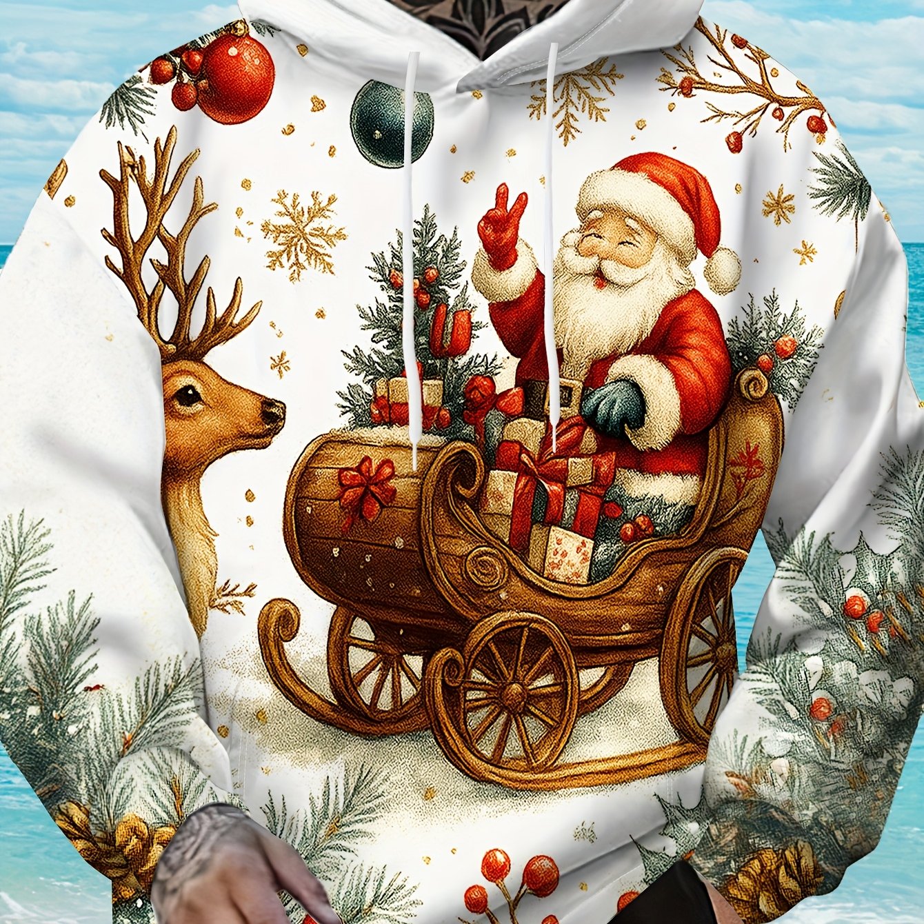 TEMU Men's Plus-size 3d High-definition Premium European And American Christmas-themed Hooded Sweatshirt Featuring A Full Print Of Santa Claus And