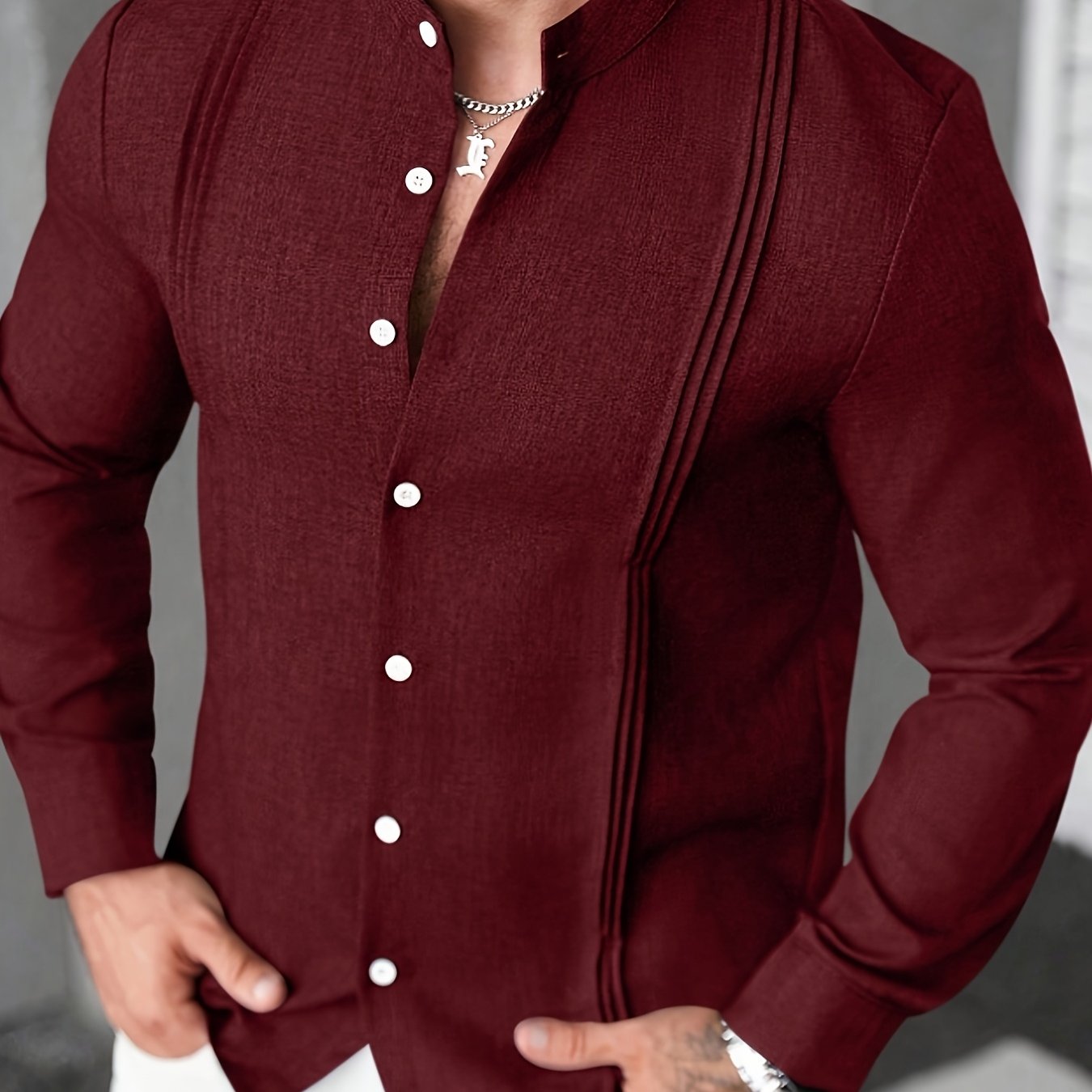 TEMU Men' Color Long Sleeve Single Breasted Casual Wrinkle Shirt Crimsontop, Men's Retro Style, Everyday Casual Wear, Relaxing Work Environment Or