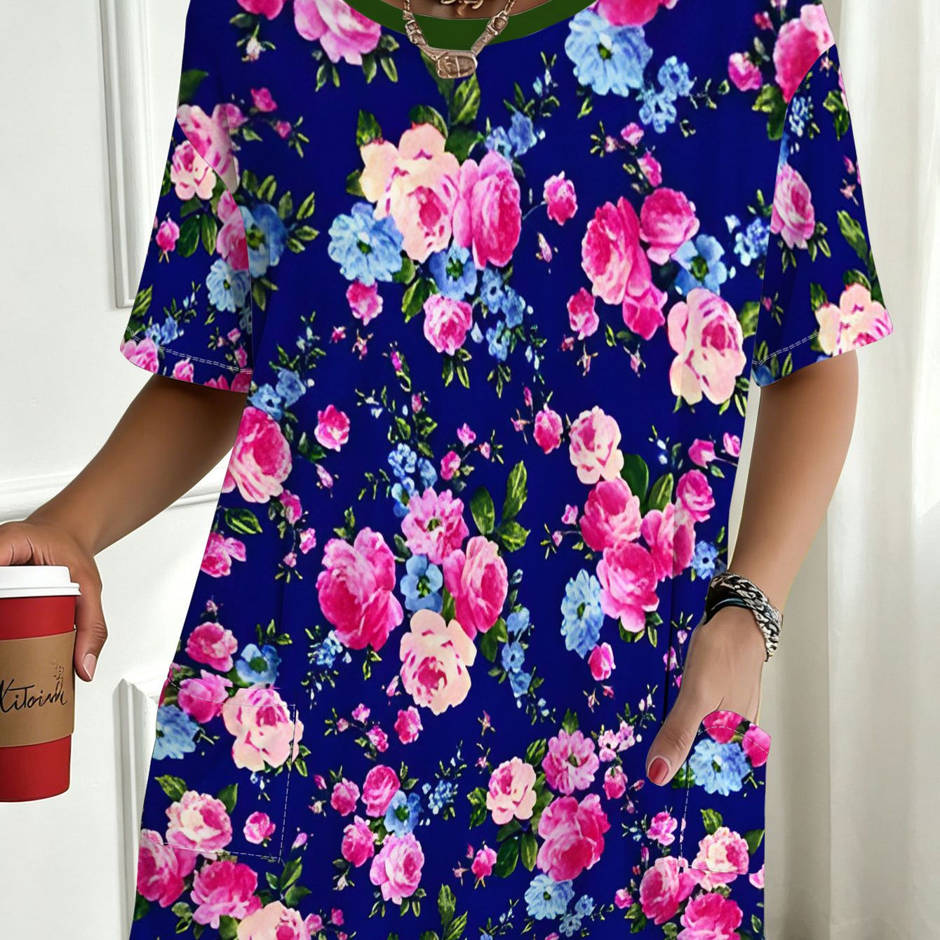 TEMU 1pc Loose Fit Floral Print T-shirt With Pocket, Perfect For Daily Commuting, Beach Vacation, Casual Gatherings, And , Skin-friendly, Washable,
