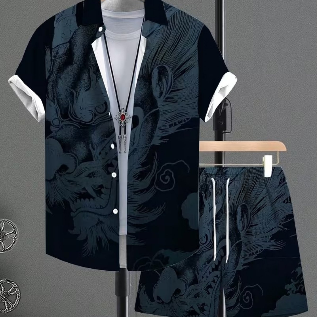 TEMU Men's Summer Casual Print Short Sleeve Shirt And Drawstring Shorts 2pcs Set, Fashionable And Versatile