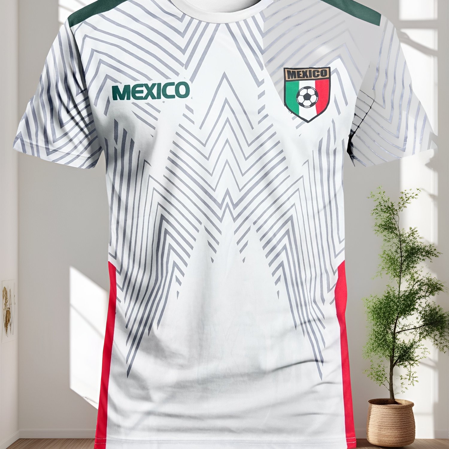 TEMU Men's Soccer Jersey Mexico Soccer Jersey- Slim Fit Breathable Sports Shirt- Geometric Pattern- Fashionable And Versatile- Men's T-shirt- Casual