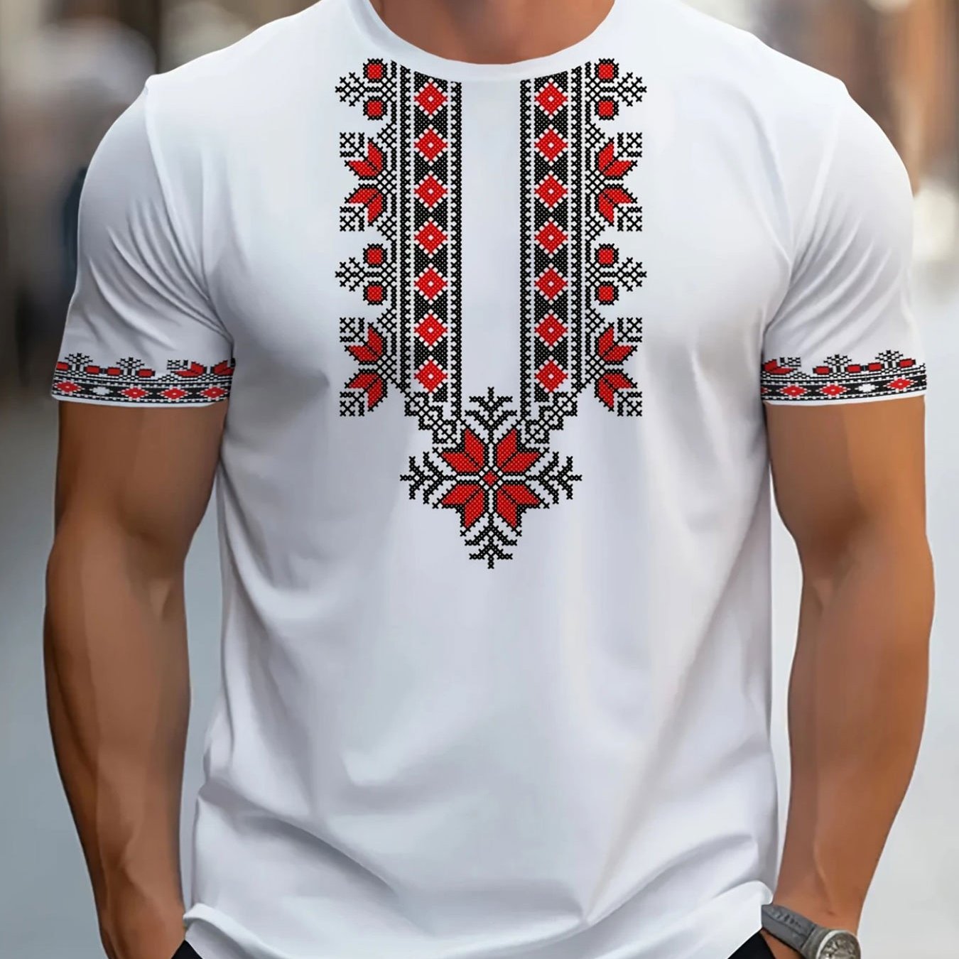 TEMU Men's Summer Short-sleeve T-shirt - Casual Round Neck Print Design, Breathable Fabric, Machine Washable, Regular Fit For Casual Attire, Stylish