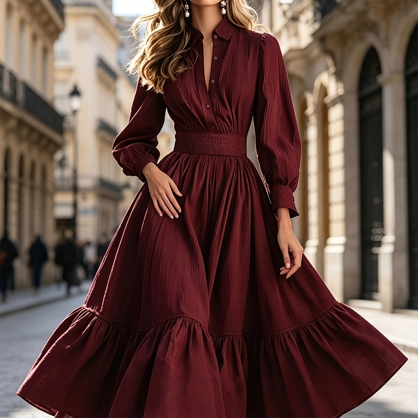 TEMU 1pc Western Style Long Dress, Puff Sleeve Waist-cinching Flared Dress, Gathered Waist Design, Women's Christmas Dress, Women's Evening Gown,