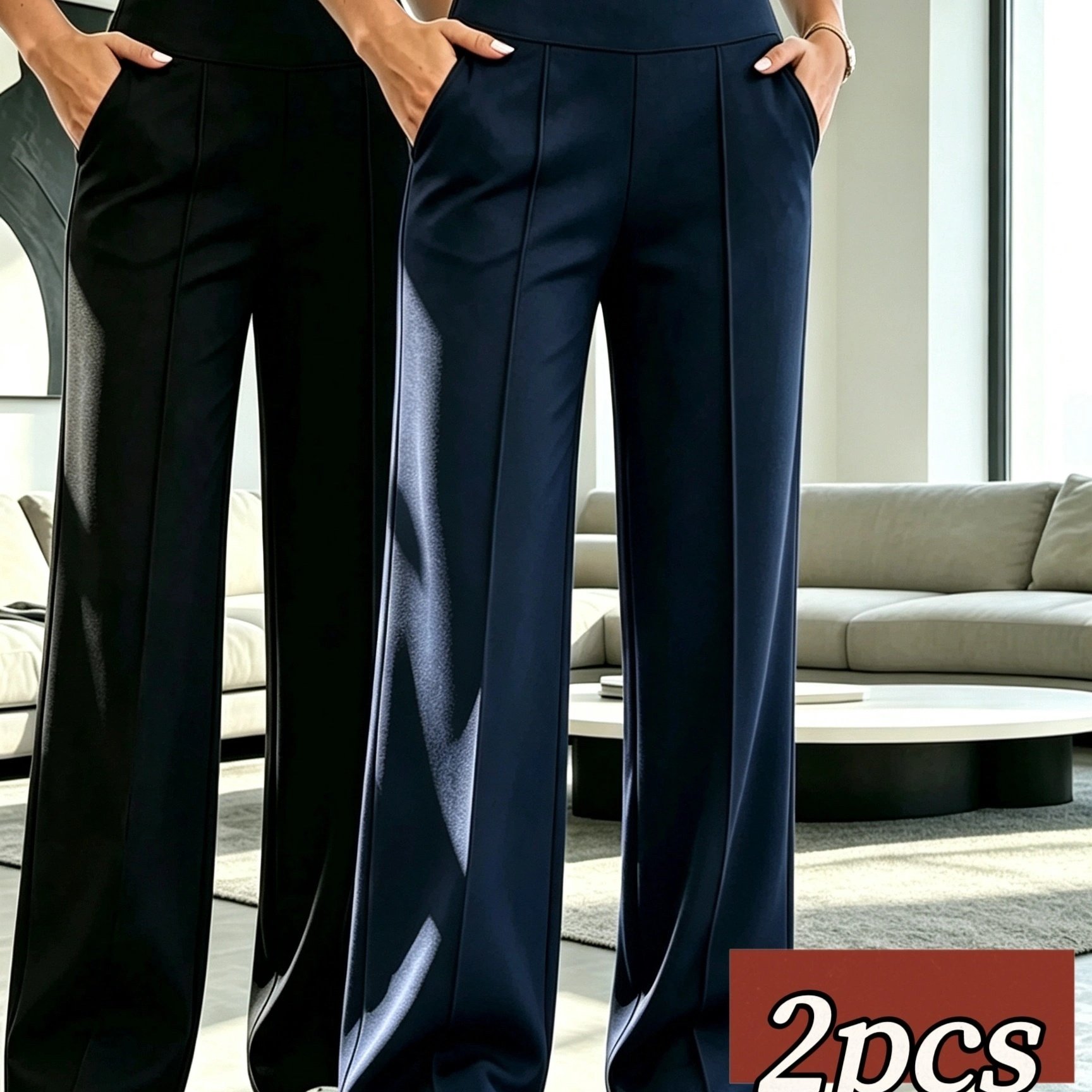 TEMU 2pcs High-waist Wide-leg Pants With A Sleek, Fit. -dimensional Center Seam The . Features Convenient And Practical Side Pockets. The Fabric Is