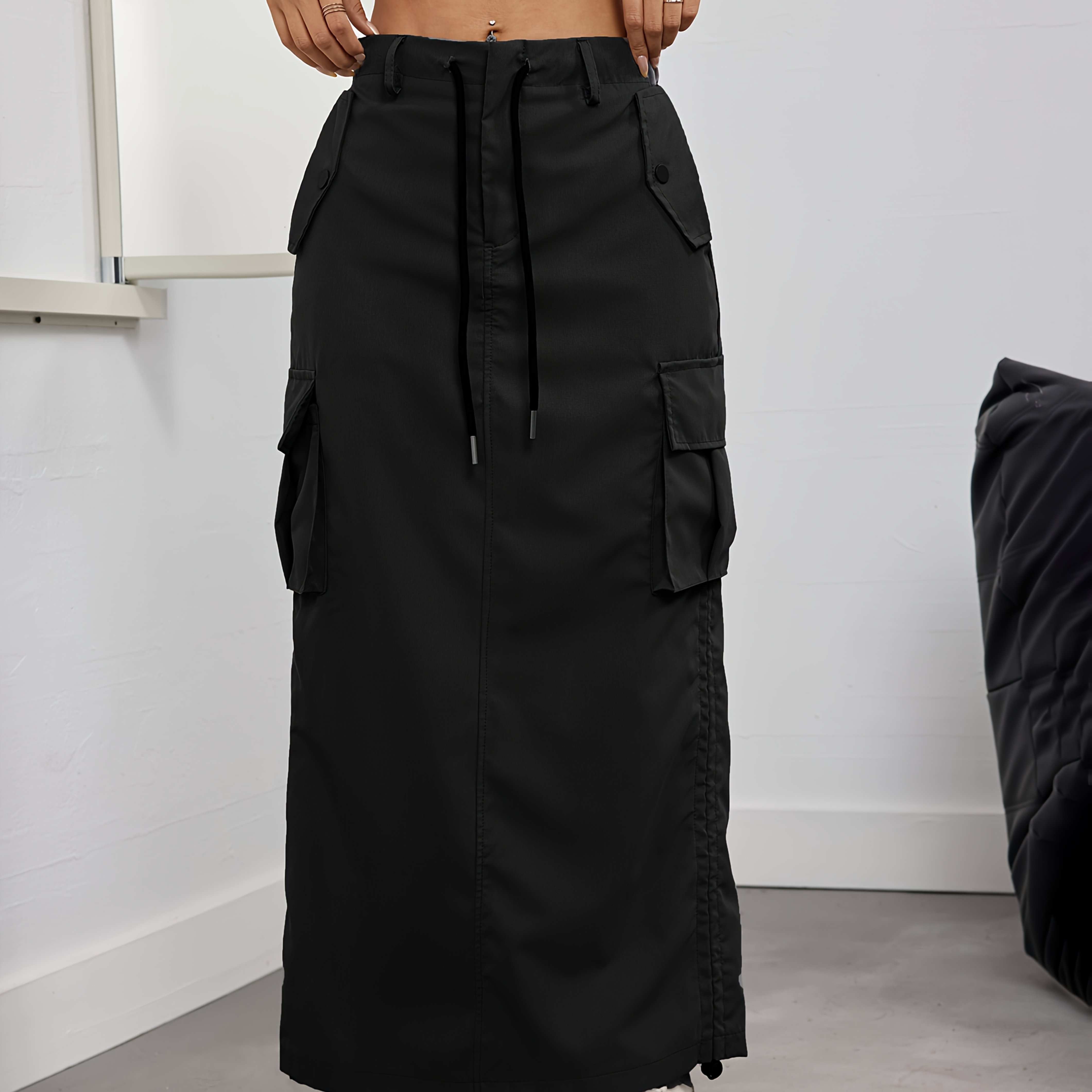 E-shop Retro, locker sitzender Ins-Style Utility Rock mit Kordelzug für Damen, lässiger, gerader Midi-Rock mit Rückenschnitt für Frühling und Sommer.