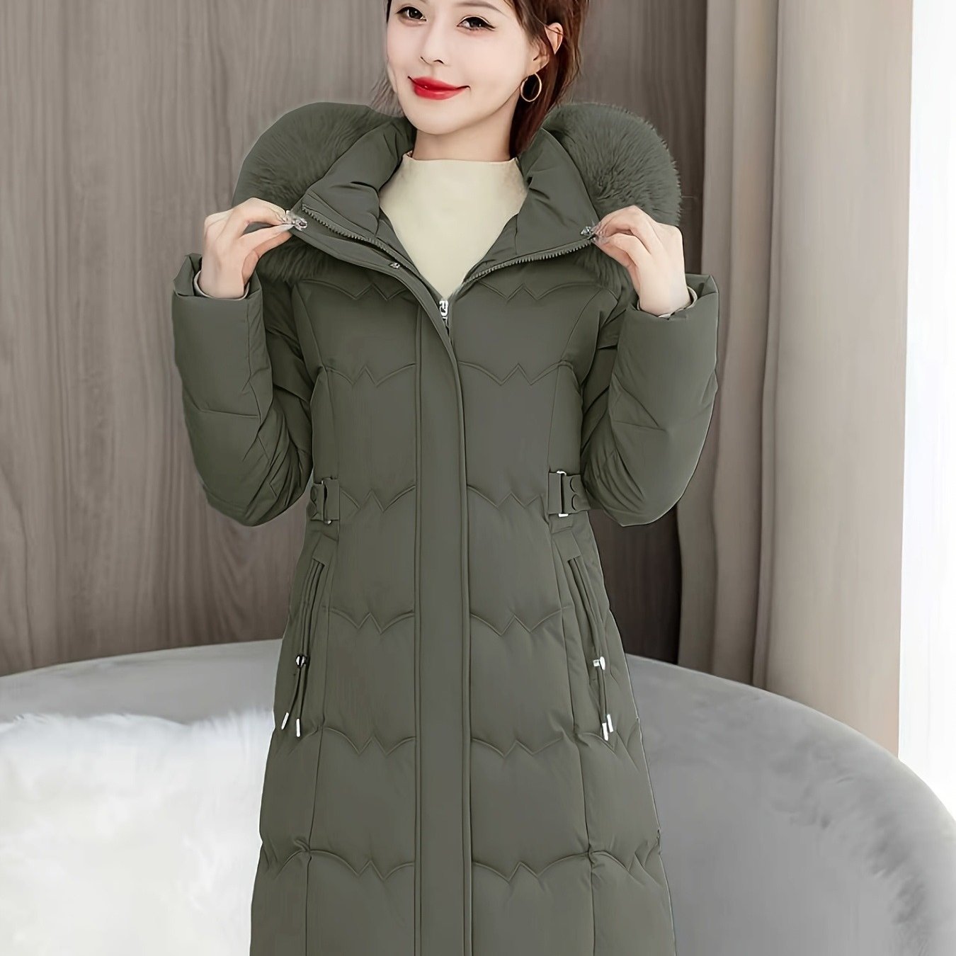 TEMU Elegant Women's Winter - Full-length Or Mid-length Hooded Jacket With Full Zipper Closure, Waist Cinching Belt, And Full-length Front Zipper -