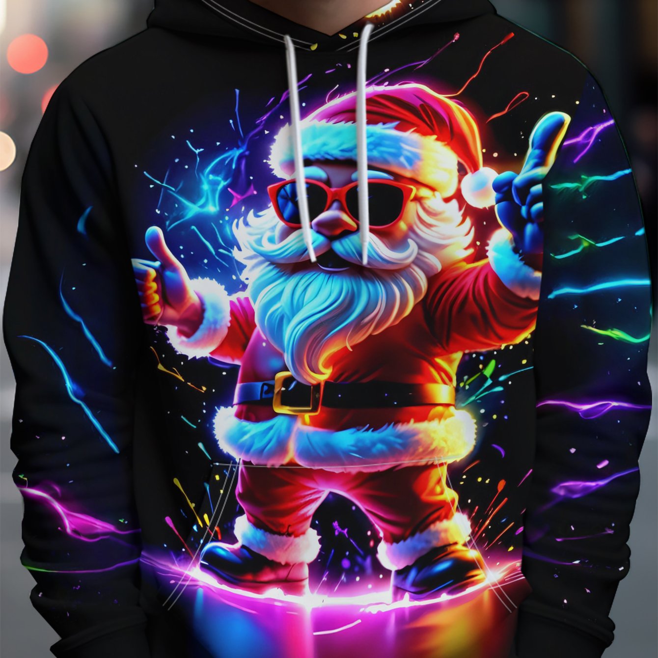 TEMU Men's Individual Style Hoodie With Glasses-wearing Cool Santa Claus In Neon Light Effect, Hand Gesture-rich Street Trendy Style, Diverse Pattern