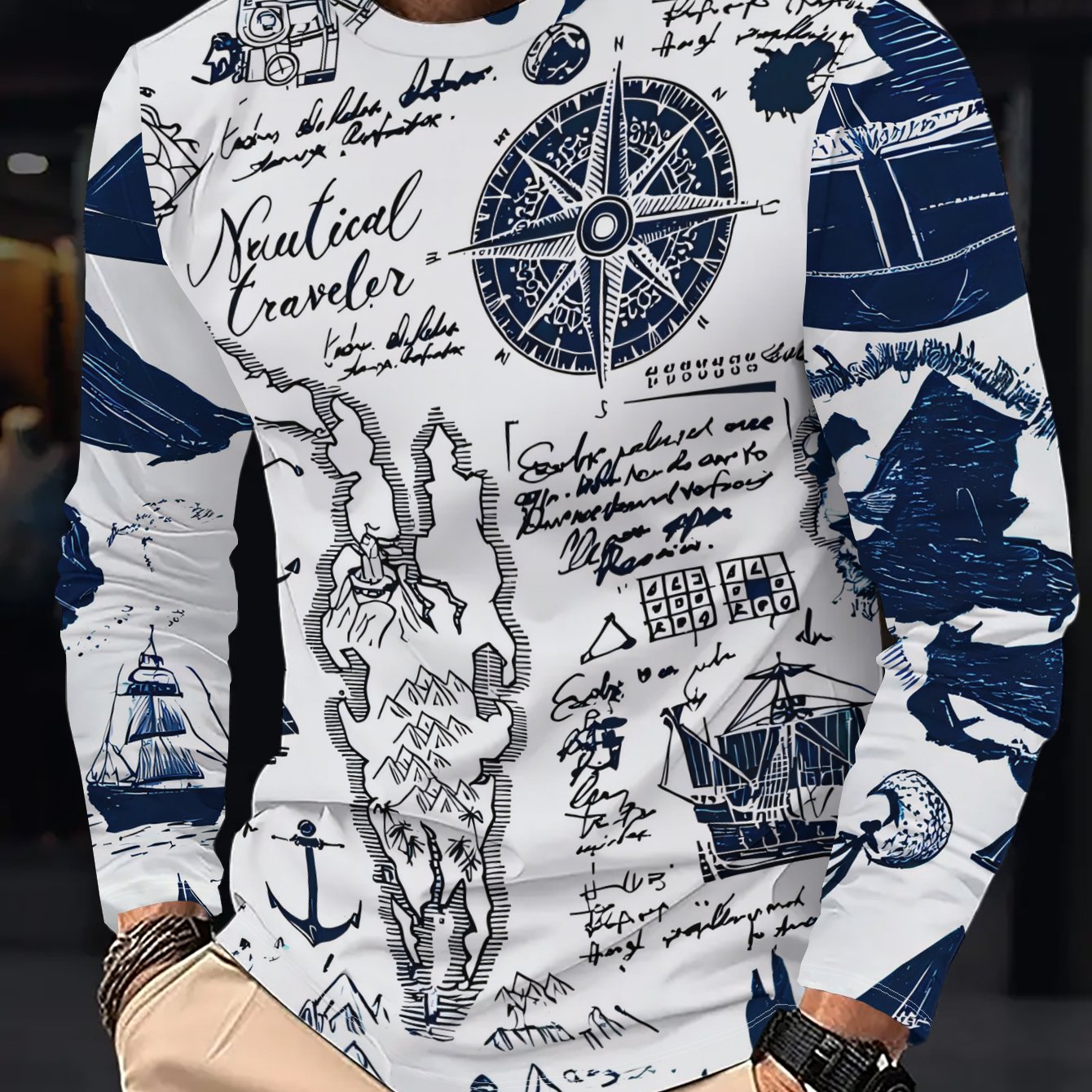 TEMU Men's Casual Long-sleeve T-shirt Featuring Hand-drawn Like Sailboats, Compasses, , Maps, And Anchors. It's Soft And Comfortable, Perfect For