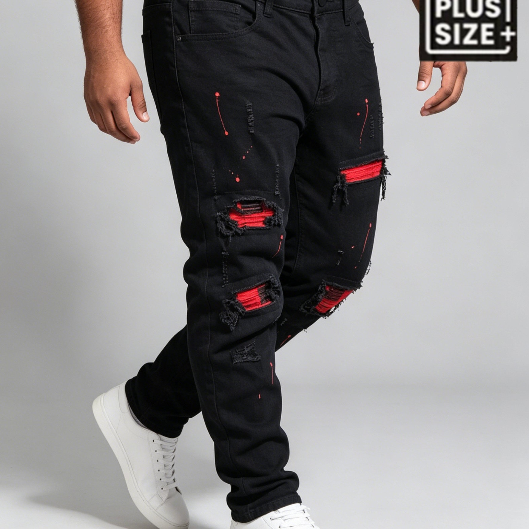 Hme Men's Plus Size Black Ripped Jeans Red Lining Graffiti Straight Leg Casual Denim Pants, Plus Size