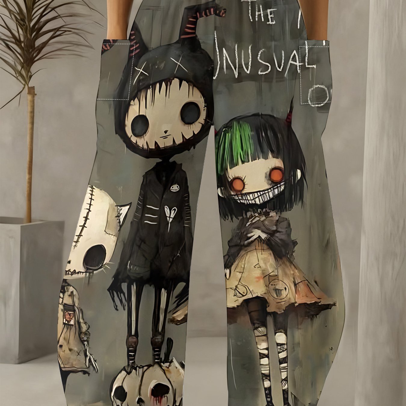 TEMU レディース スタンダードサイズ ハイウエスト ワイドレッグパンツ スカル・キャラクタードール＆プリント グレーベース ドレープド カジュアルトラウザー 大サイドポケット付き