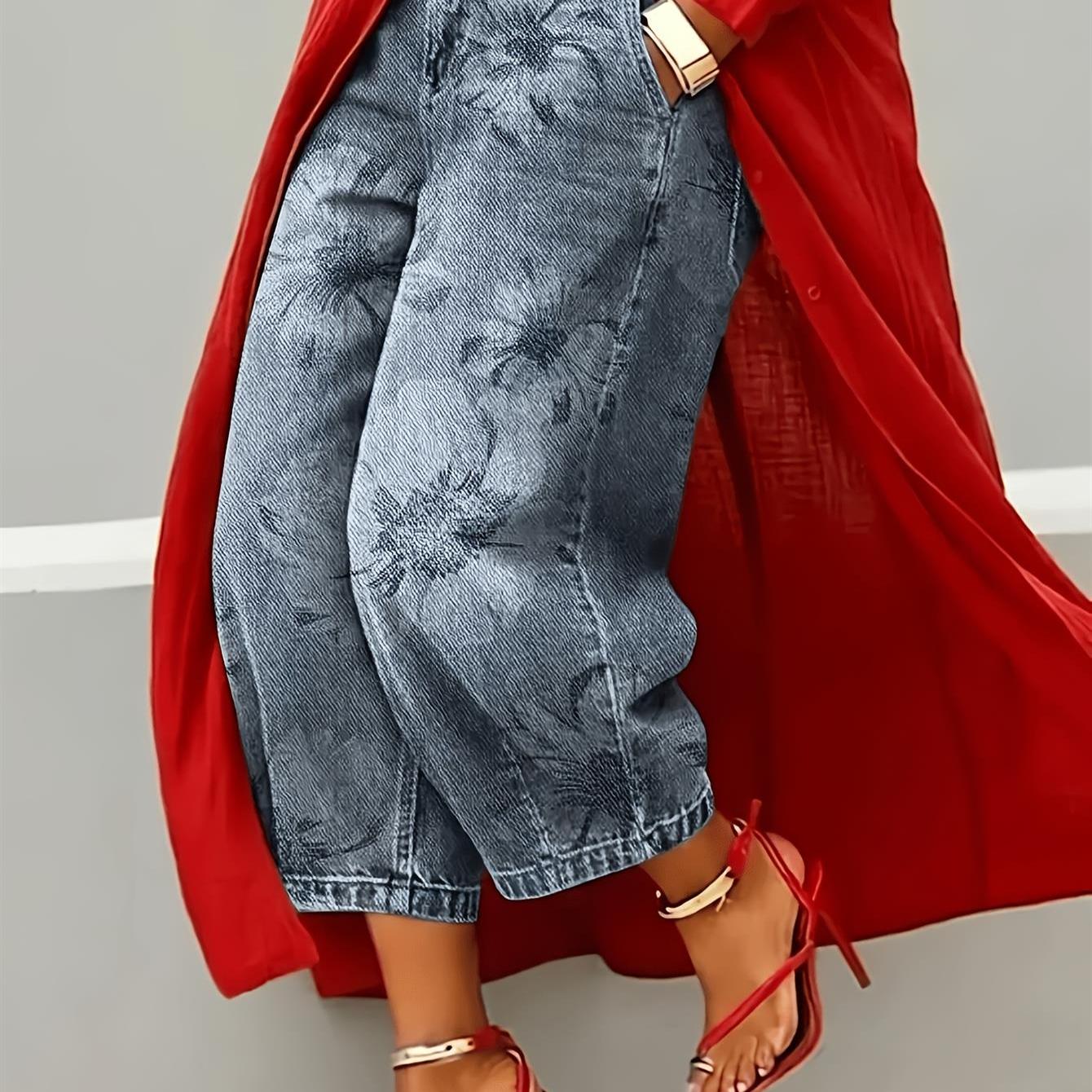 Women's Plus Size , Casual Fashion Printed Cropped Pants, Loose Fit Trousers, Bohemian Style, High-waisted Jeans With Pockets