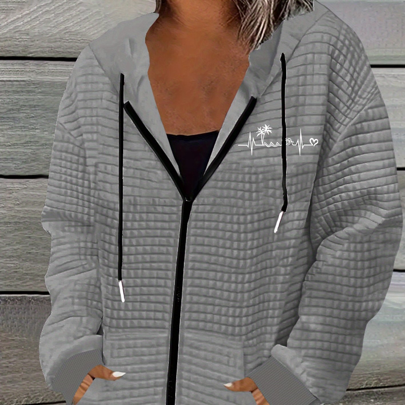 TEMU Fashion Baseball With Letter Print, Women's Casual Waffle Zipper Hooded Jacket With Drawstring - Fiber, Machine Washable, Geometric Pattern