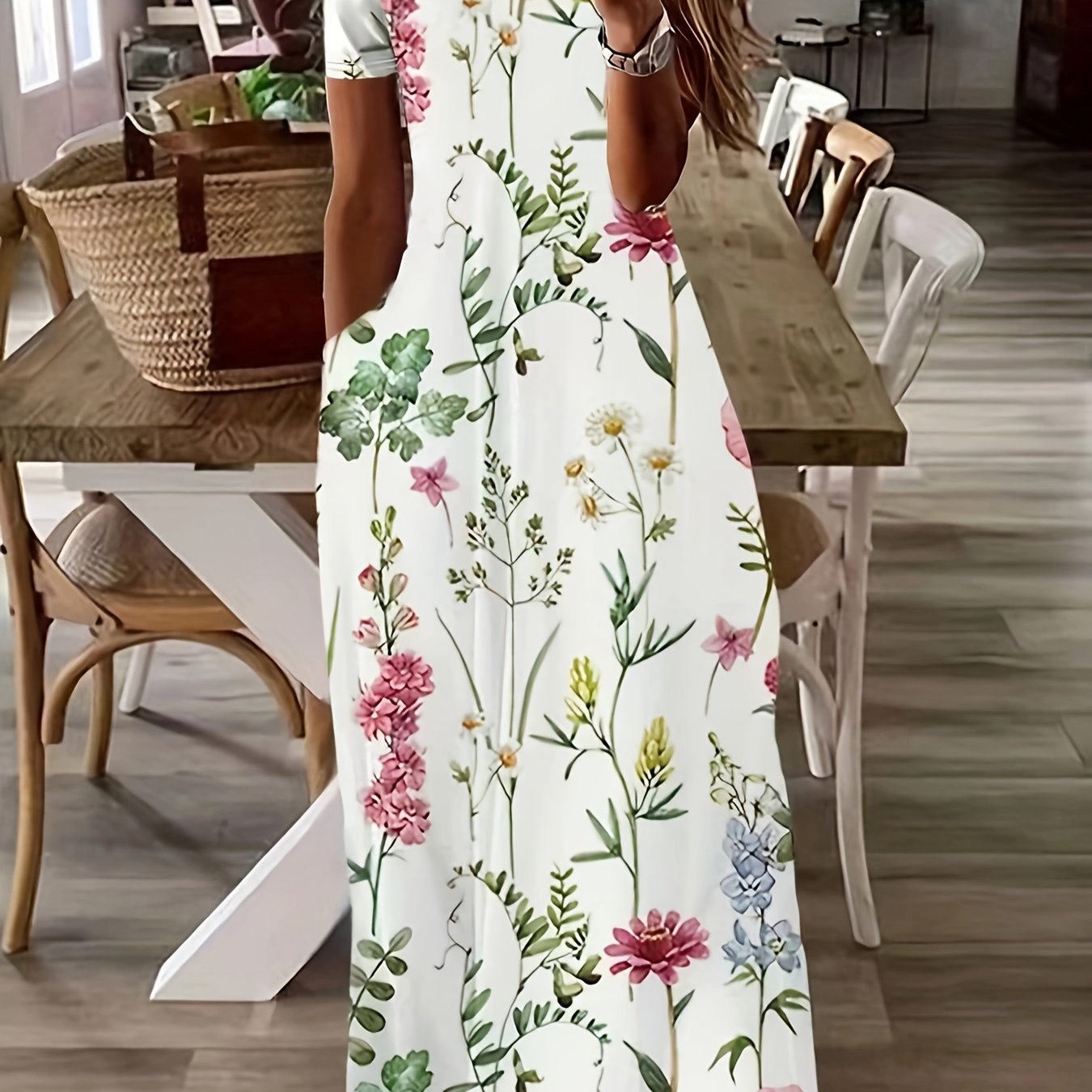 plus size casual dress womens plus floral print short sleeve round neck maxi dress with pockets