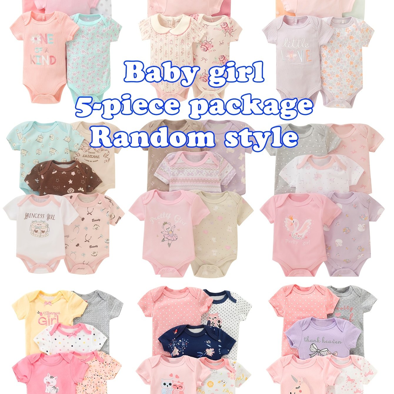 TEMU 5pcs Random Pc Of Baby Girl Rompers, Elegant And Cute Printed Baby Girl Clothing, Girl's Romper, Wear, For Outdoor