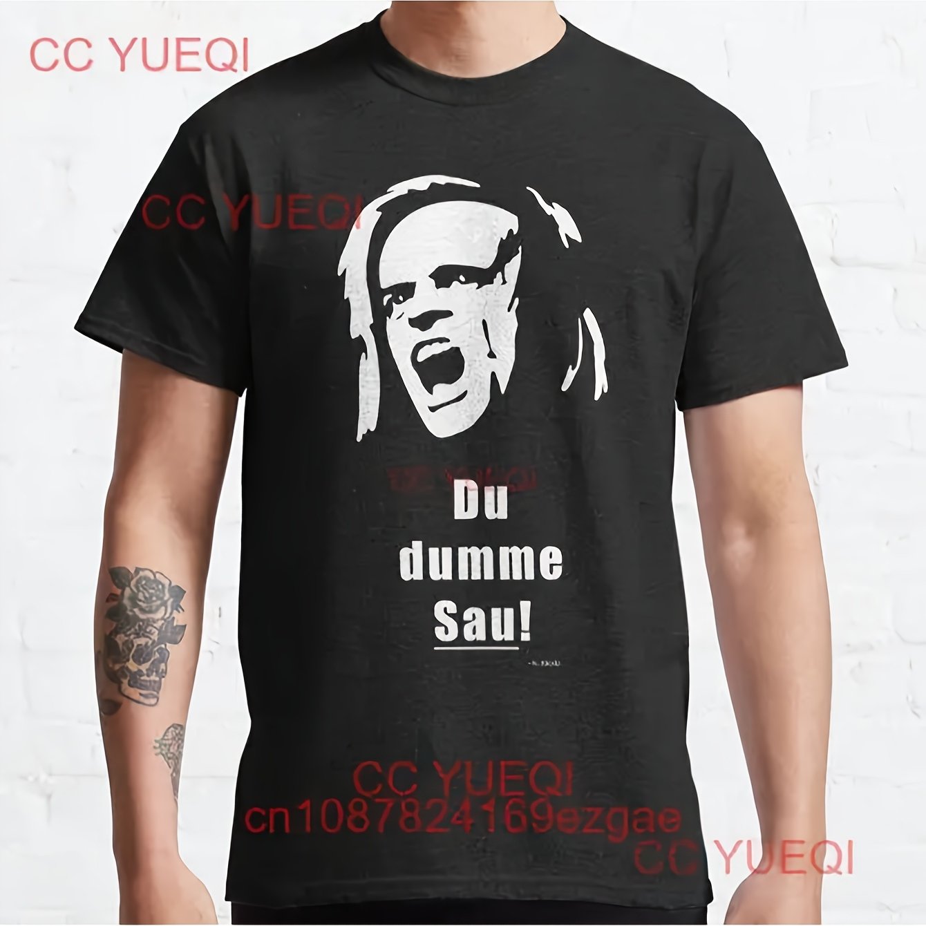 Klaus Du Sau! Graphic T-shirt- Black Casual Short Sleeve Tee With White Text, Loose Fit Round Neck, Medium-stretch Fabric For Casual Attire