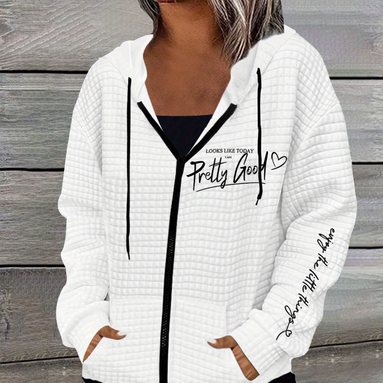 TEMU Letter Printed Jacket, Hooded Long Sleeved Kangaroo Pocket Casual Top, Autumn And Winter Women's Clothing