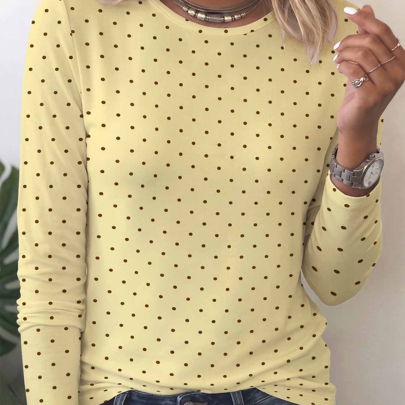 TEMU Women's Round Neck Long Sleeve T-shirt, Uniformly Polka Dot Pattern, Soft And Comfortable Fabric, Full-body Printed Design Machine Washable,