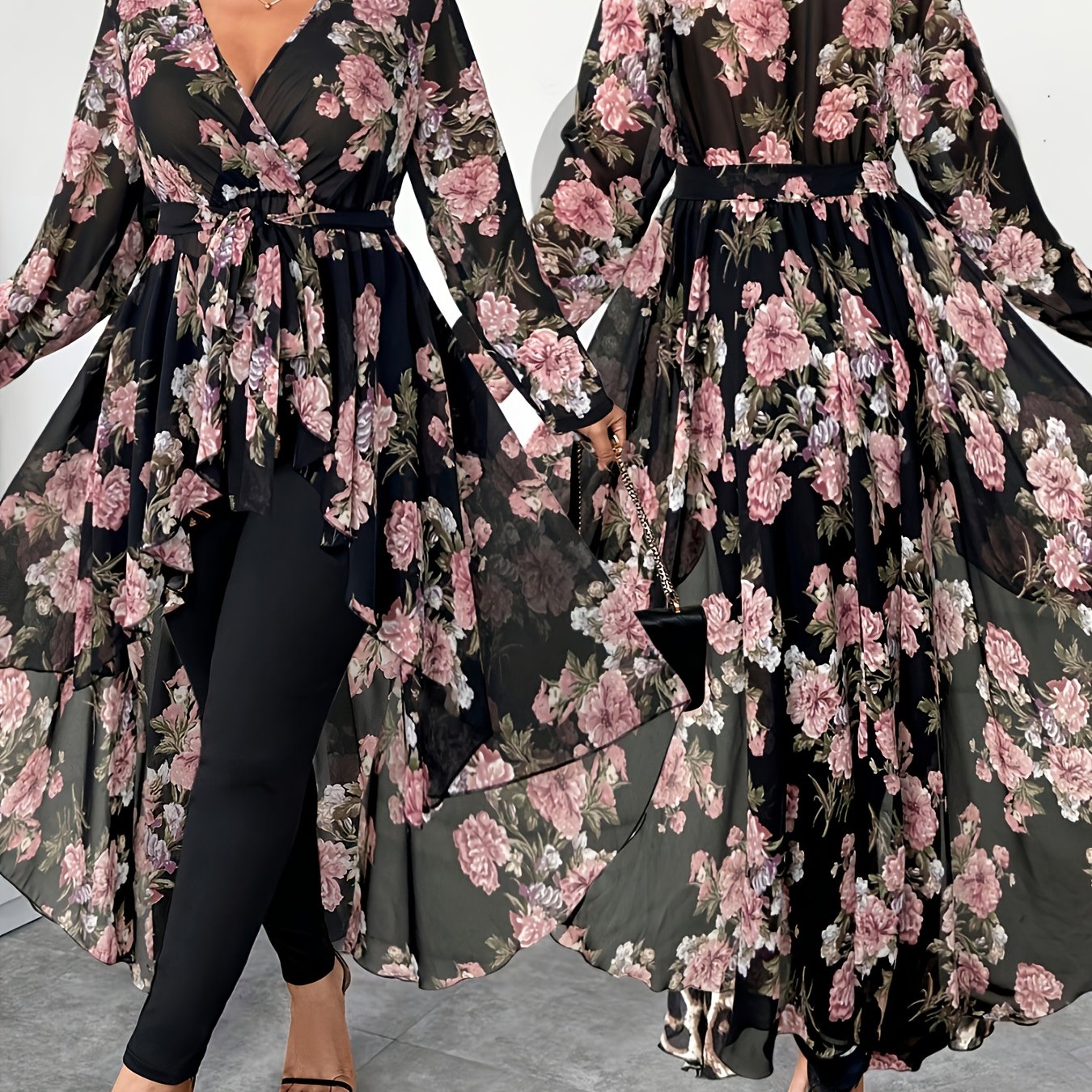 E-shop Plus Size - Plus Size - Plus Size Frühlings- und Sommerkleidung Oberteil, V-Ausschnitt Kurz vorne Lang hinten Bindegewebe Blumenmuster Langarm
