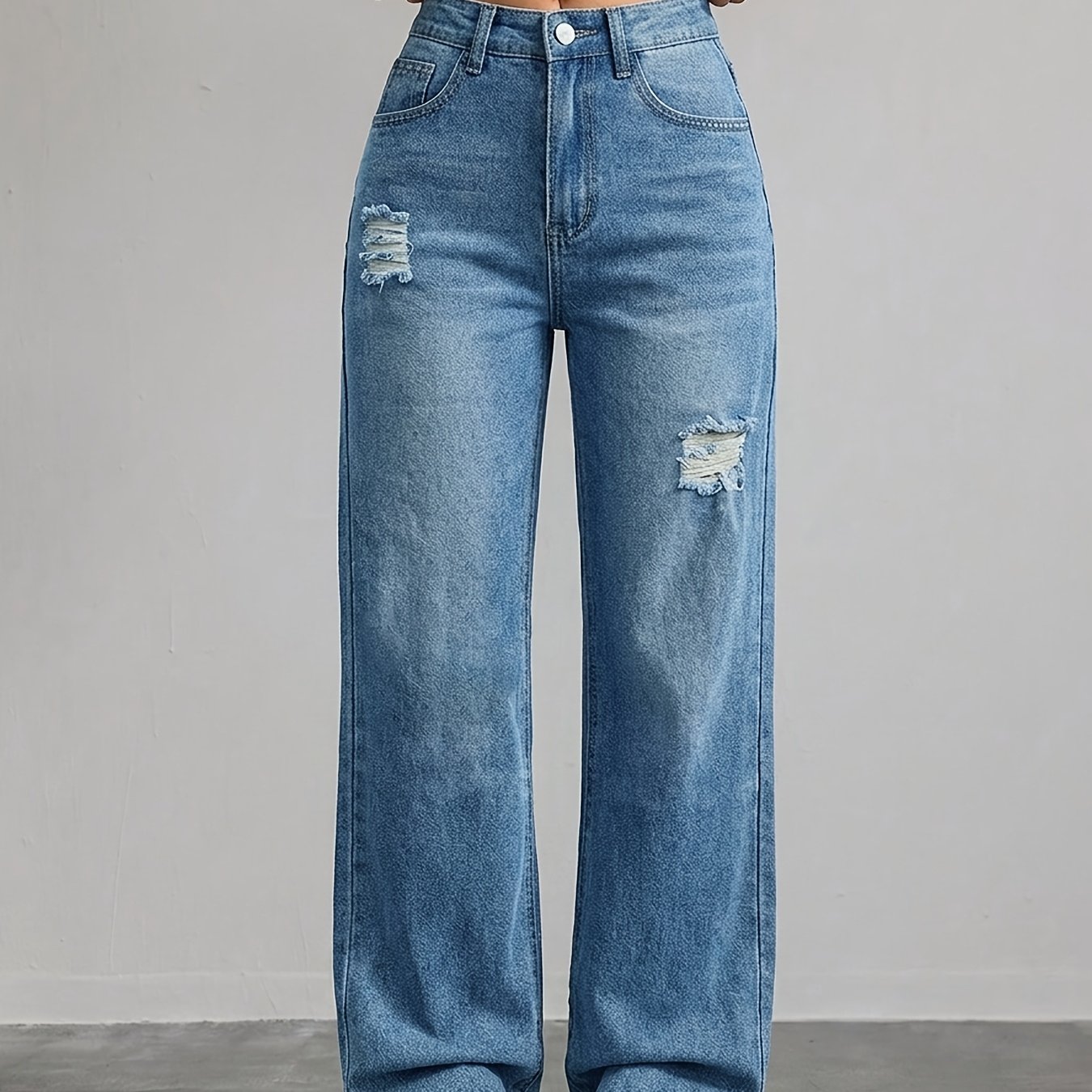 Image of New Straight-leg Jeans For Women, Blue Loose High-waisted Ripped Jeans, Trendy European Style, Suitable For Outdoor Activities And Daily