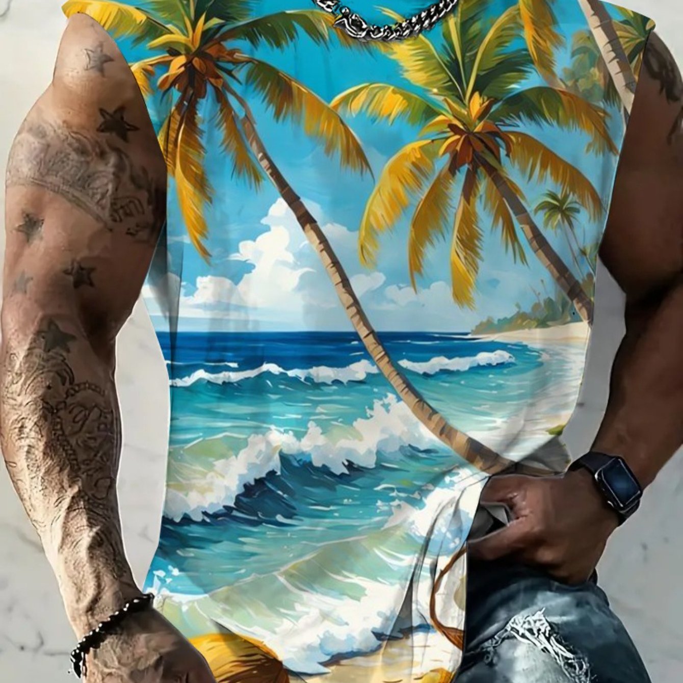 TEMU Men's Tank Top With Fashionable Printed Design, Featuring A Pattern Of Palm Trees And Giant Ocean A Beach Scene, Plus Size