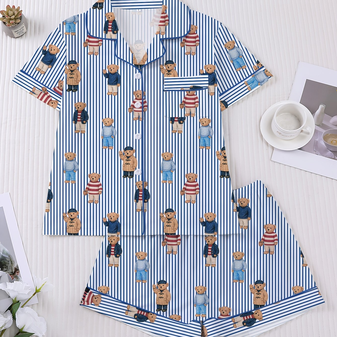 TEMU 2pcs Women's Pajama Set, Bear Print, Short-sleeve Lapel Button-up Top And Loose Elastic Shorts, A Pretty And Stylish Outfit For Daily Wear