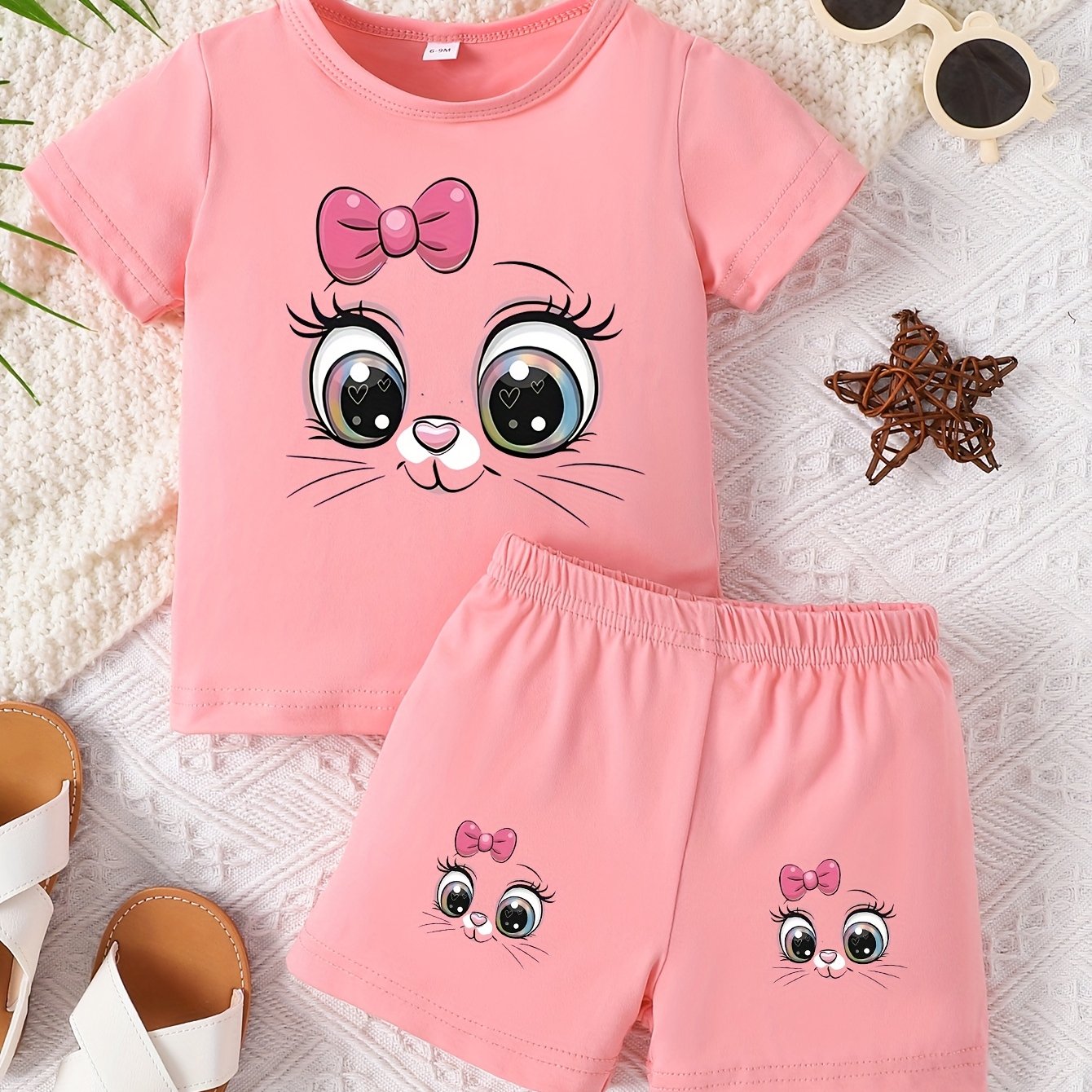 Image of Baby Girl's Round Neck Short Sleeve Cute Cartoon Cat Pattern Top And Simple Shorts 2pcs Set For Spring/summer, Perfect For Outdoor, Newborn/toddler Necessities,christmas,halloween