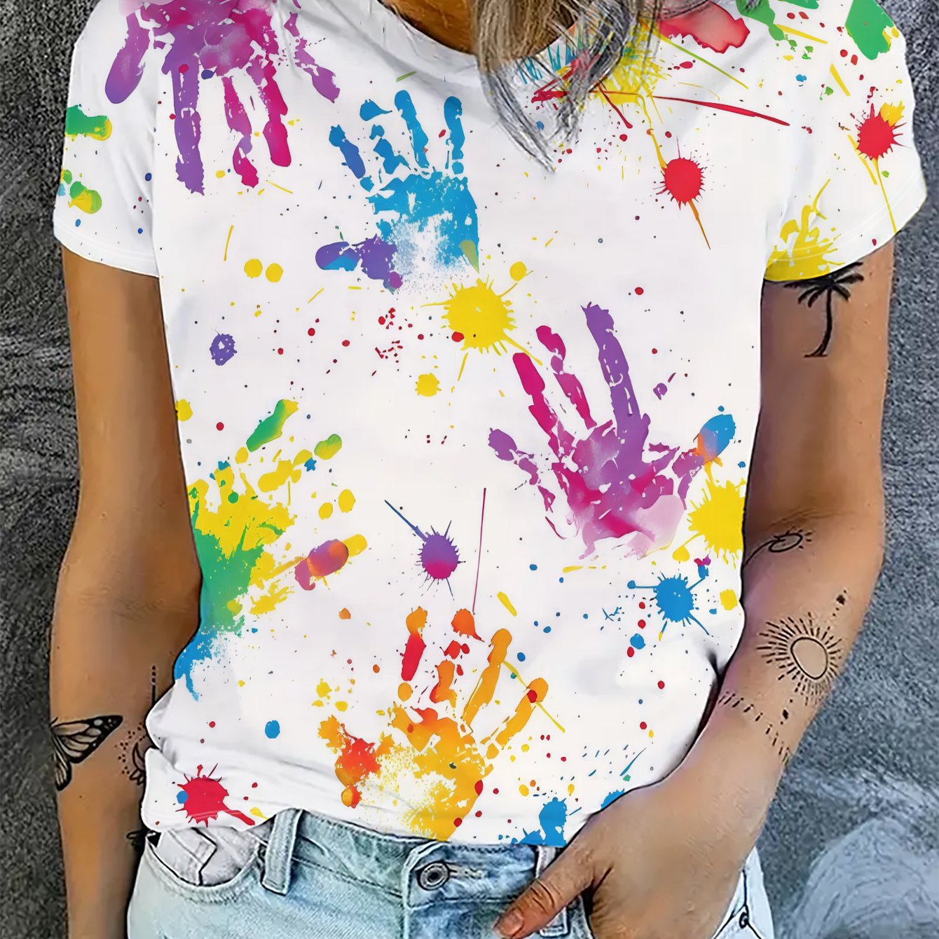 TEMU Women' Short Sleeve T-shirt With Colorful Handprint Splatter, Vibrant And Design