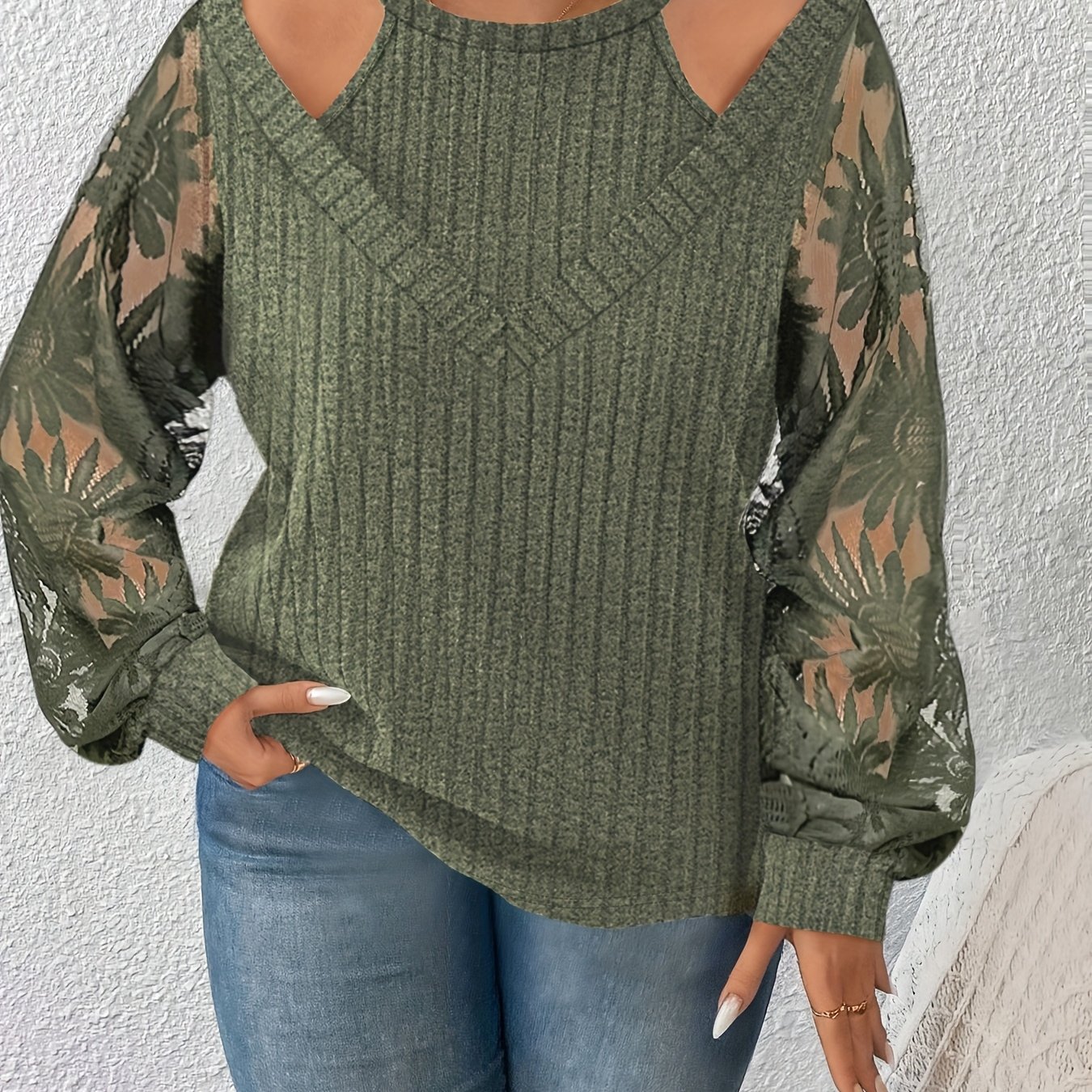 Image of Plus Size Women's Top, Western Fashion New Size Large Two-piece Lace Long Sleeve T-shirt