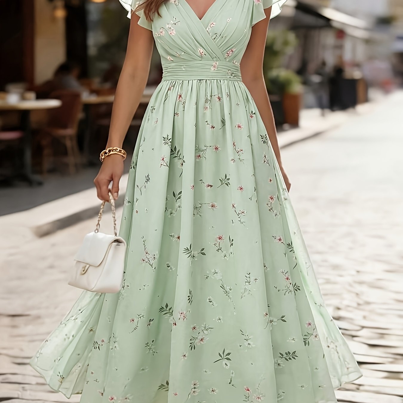 TEMU Elegant Chiffon Printed V-neck Bridesmaid Dress, Retro Fashion Vacation Women's Dress, Mint Green Summer Style, Summer Party Date Wedding