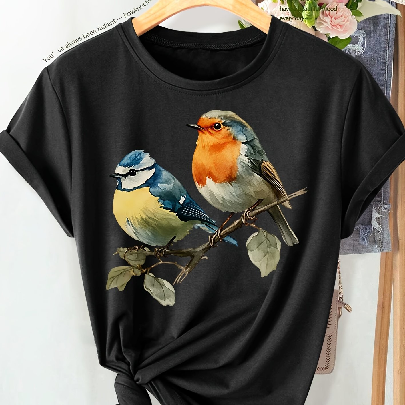 TEMU 1pc One-piece Western Fashion Elegant Easy Watercolor Sparrow Robin Leisure Style Fashion Retro Style, Spring Summer Women's Plus Size Casual