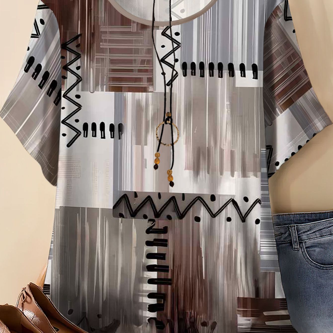 TEMU Women's Plus Size Ethnic Loose Top Women's Short-sleeved T-shirt Fashionable, Versatile, And Concealing Style