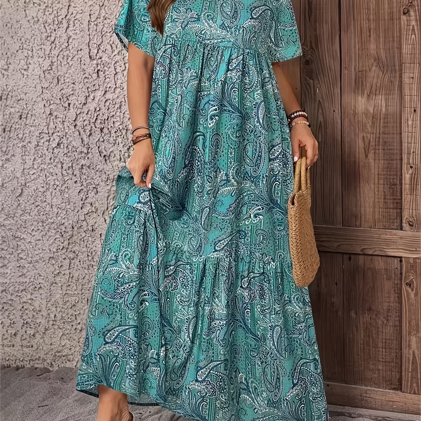 E-shop Plus Size - Plus Size - Plus Size Damenkleid, Lässiges Country-Kleid mit -Print, Kurzarm, locker, lang, Geschenk für Mama, Sommerurlaub,