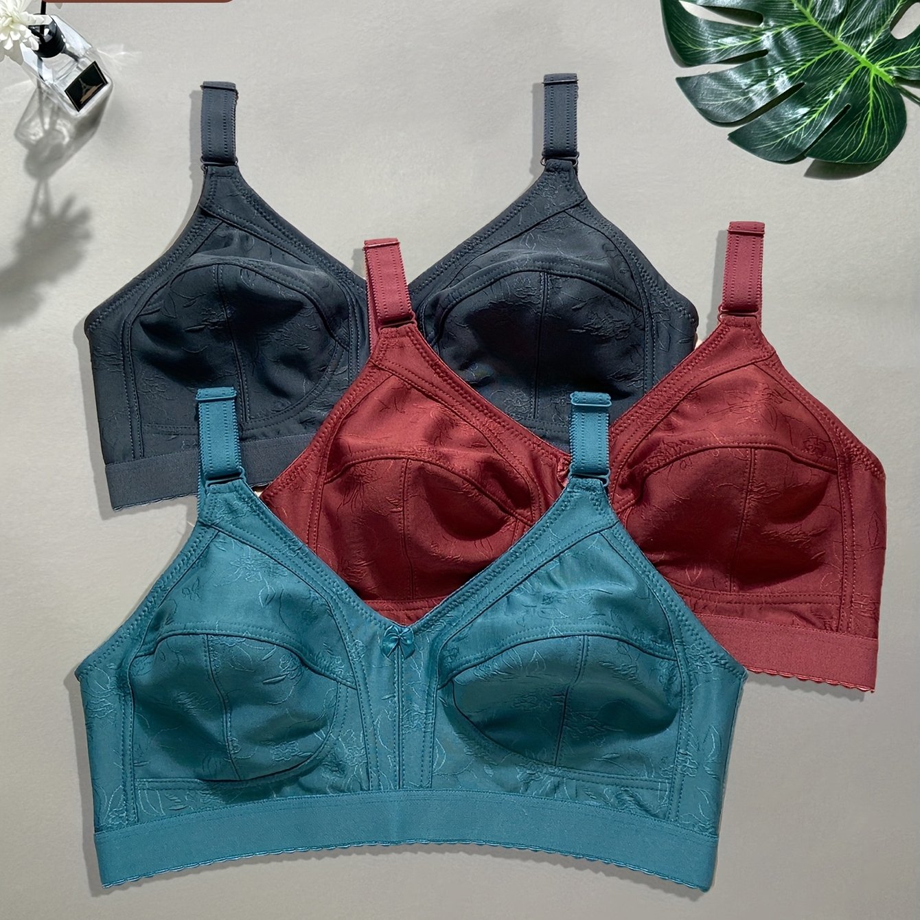 TEMU 3pcs Set New Plus Size Easy Embroidered Bra Women's Comfortable Underwire-free Bust Support Anti-sag Adjustable Straps Hook-and-eye Closure