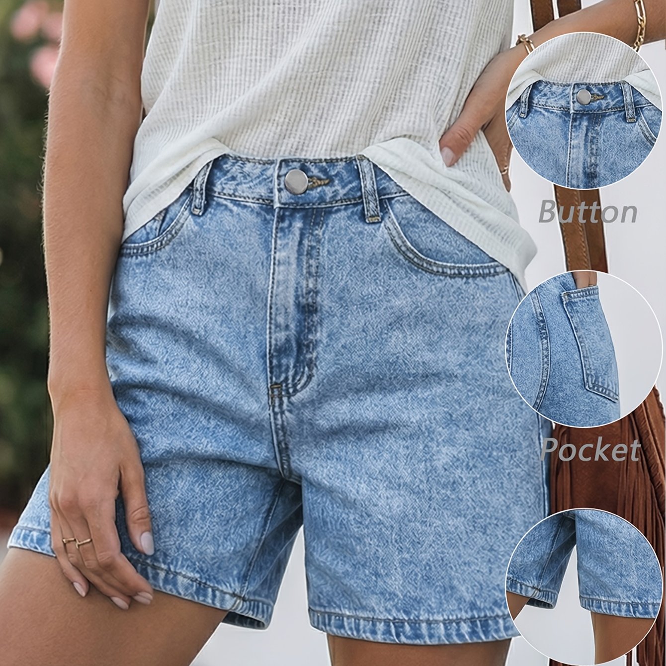 Image of Light Blue Washed Denim Shorts For Women High Waist Summer Casual Jeans Shorts With Pockets