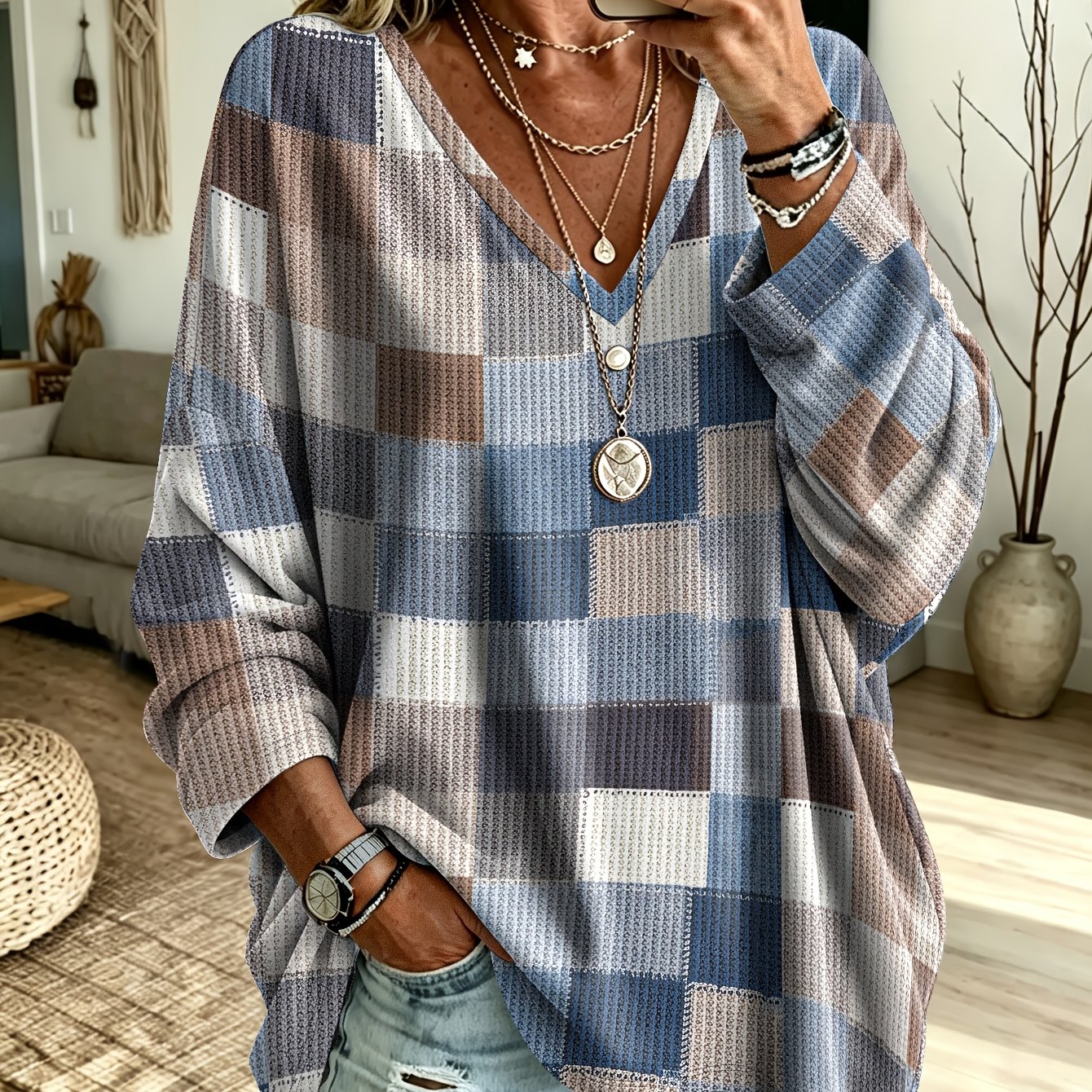 TEMU Pull grande taille pour femmes, imprimé à carreaux texturé color-block, col en V, manches longues, haut couvrant , ourlets