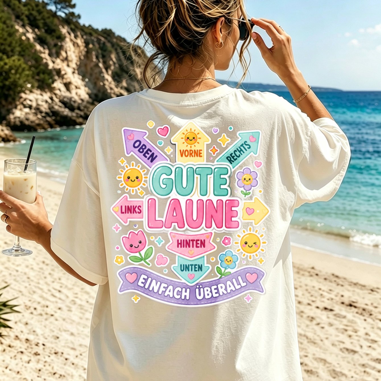 Image of Women's Kawaii T-shirt - Pastel Smiling Suns, Hearts & Arrows Back Print, Casual Suitable For , Machine Washable Pastel For Casual Attire, Outfits