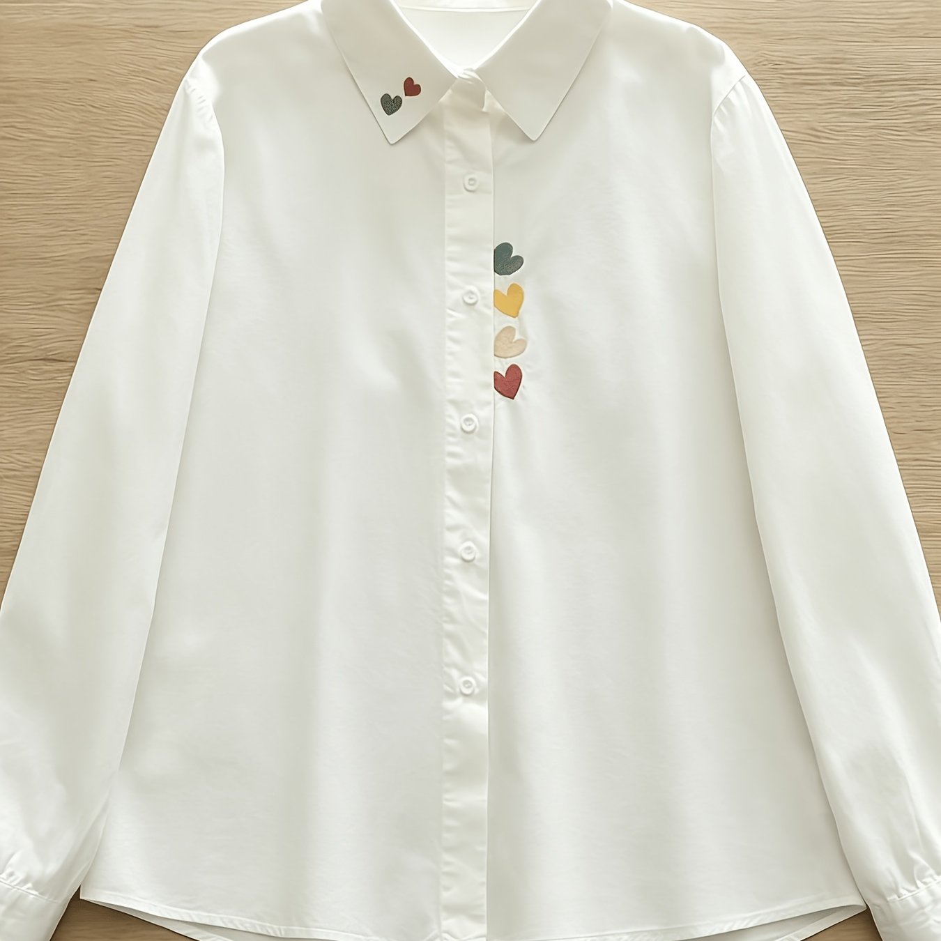 TEMU Fashionable Elegant Temperament Casual All-match Long Sleeve Shirt Women's Spring Autumn Sweet Literary Heart Embroidery Blouse