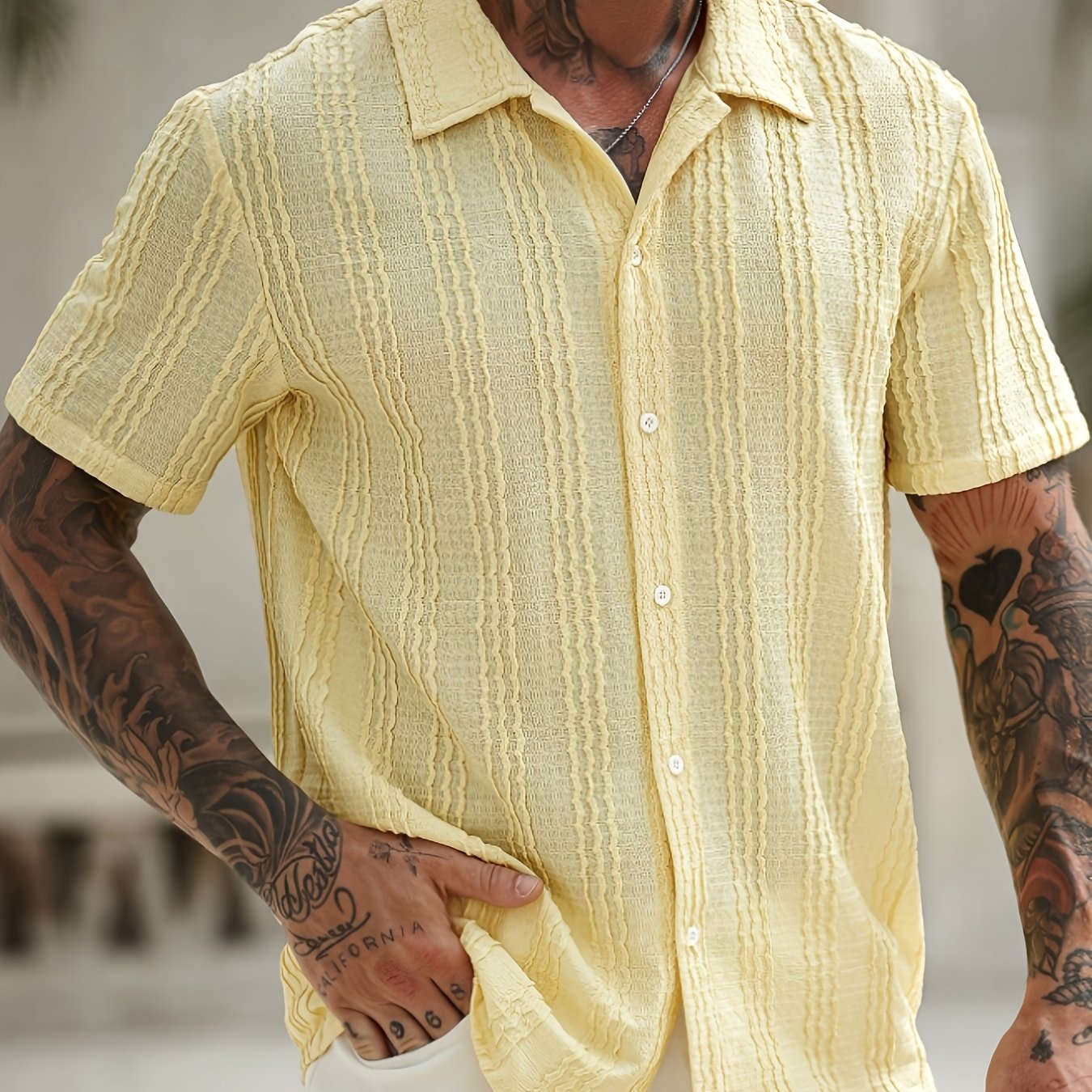 Men's Holiday Clothing, Lined With Fabric And Crocheted Texture Design Short-sleeved Casual Holiday Shirt. With Button Neckline Design, Yellow Shirt For Men, Vintage Shirt For Men